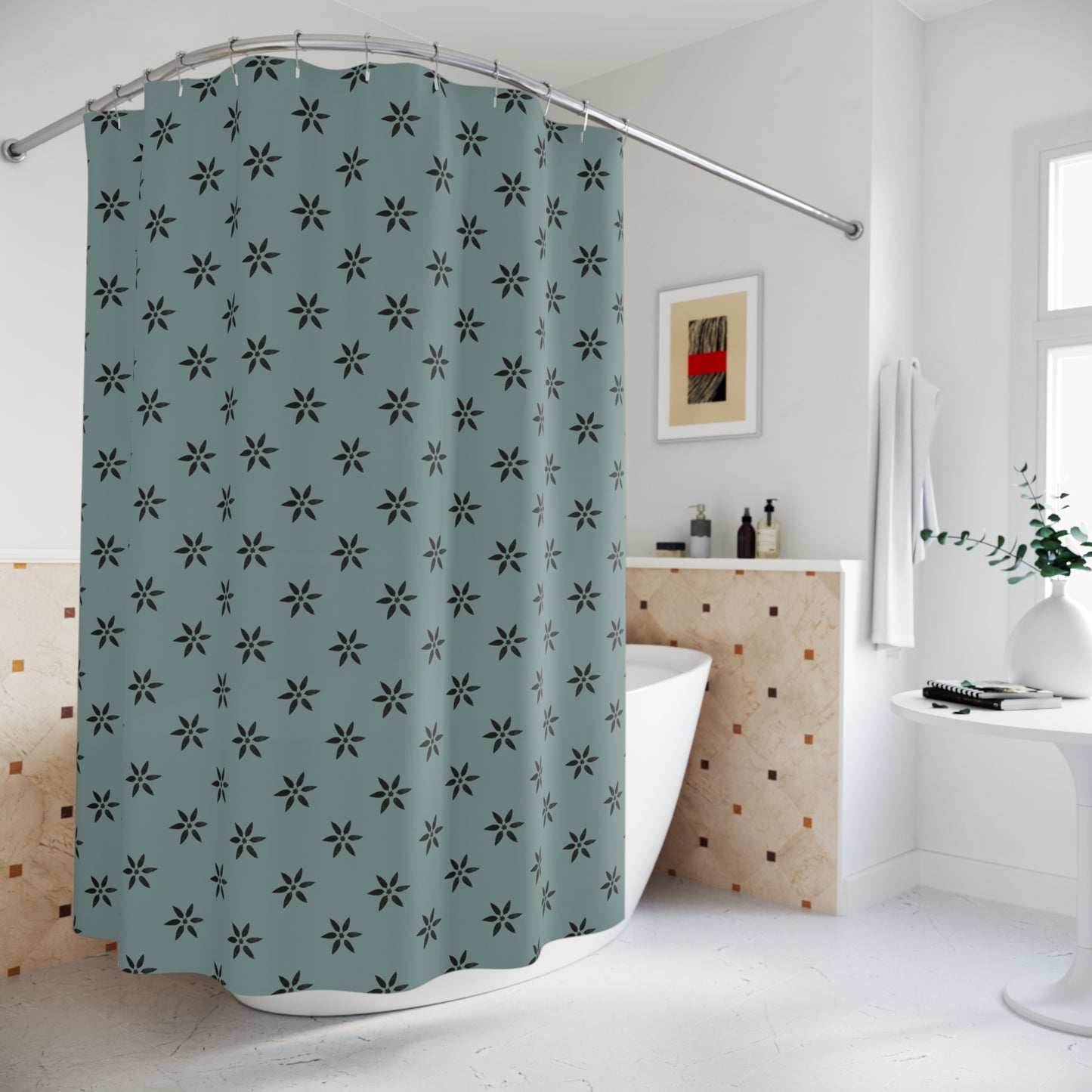 Black Flower Stencil on Ocean Shower Curtains