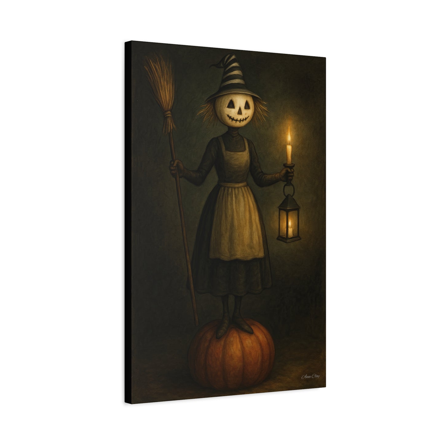 Halloween Witch Canvas Art Print, Spooky Home Decor, Pumpkin Lantern Wall Art, Fall Decoration, Halloween Gift