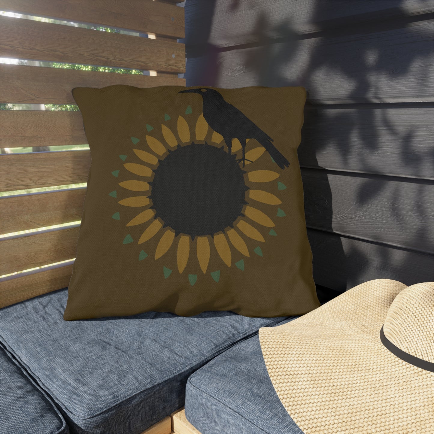Sunfloer and Crow on Deep Putty Outdoor Pillows