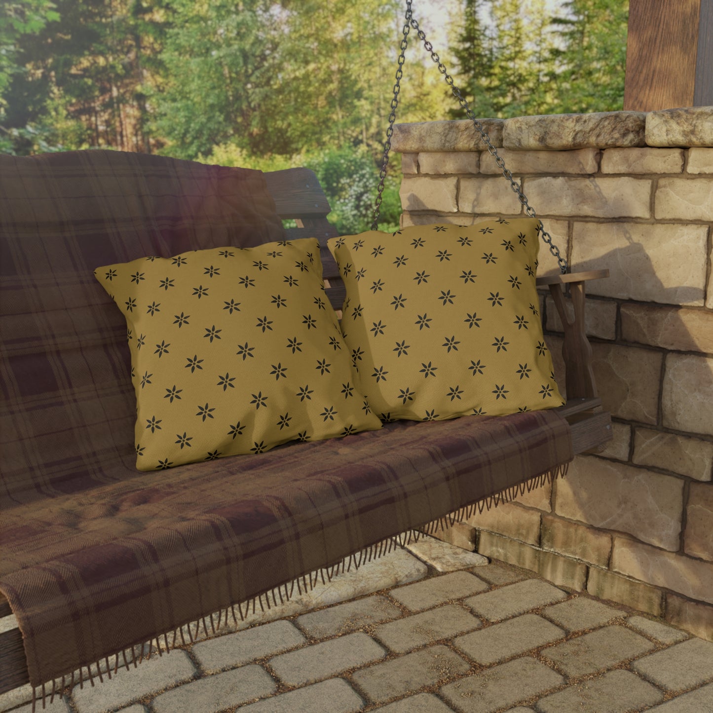 Black Stencil on Gold Outdoor Pillows