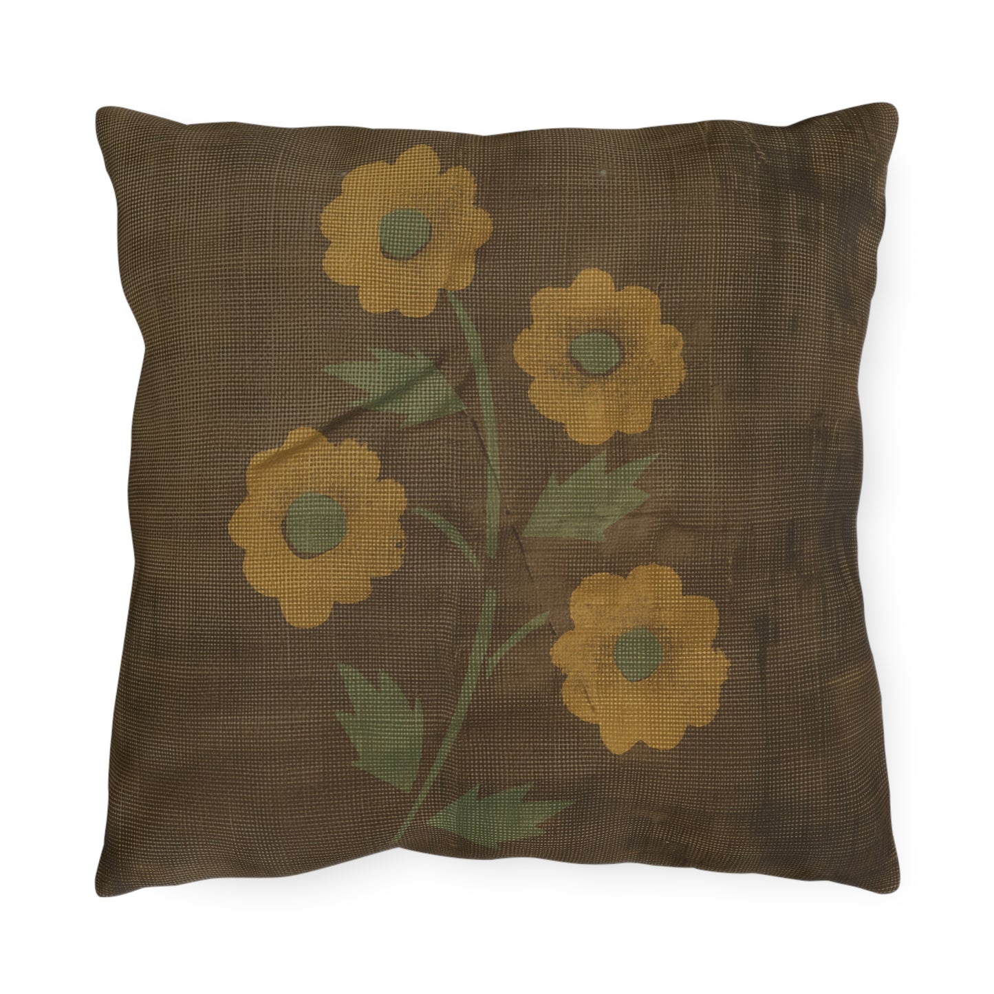 Primitive Distressed Stencil Flower on Brown Outdoor Pillows