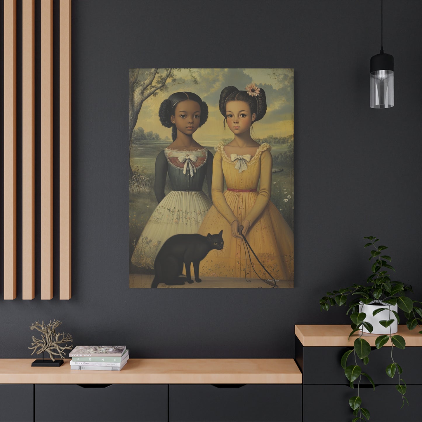 Canvas Wall Art, Timeless Sisters and Black Cat Portrait, Home Decor, Art Gift for Her, Vintage-Inspired Decoration