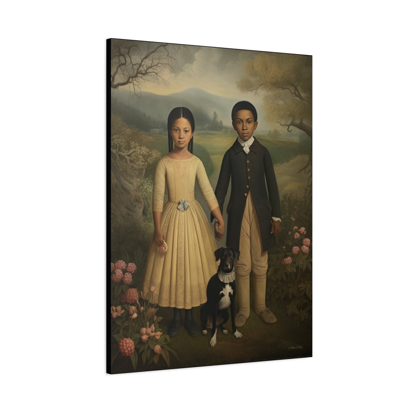 The Twins: Artistic Stretched Canvas Print - Vintage Children and Dog Portrait
