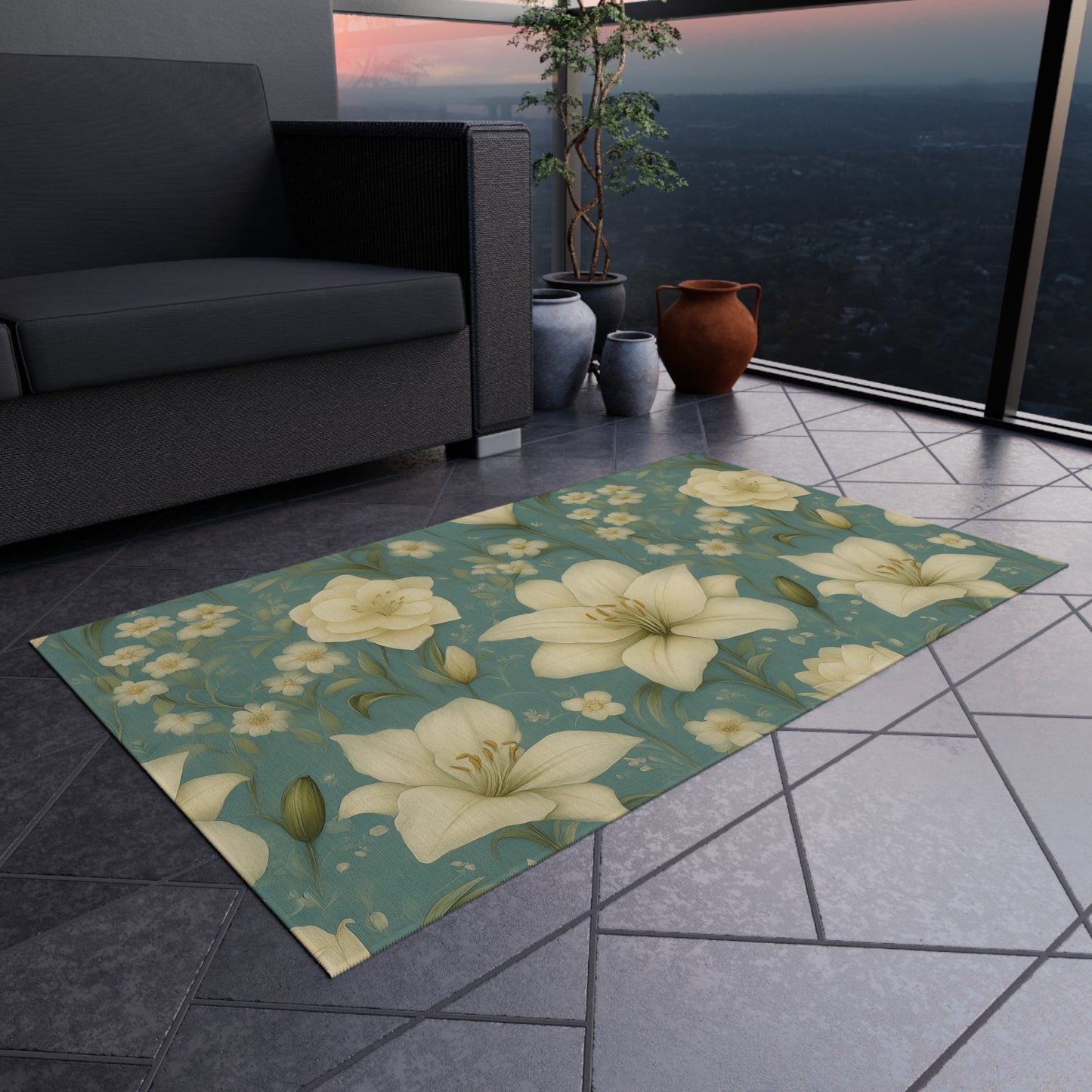Floral Outdoor Rug for Patios, Boho Garden Mat, Elegant Floor Covering, Spring Decor, Cozy Outdoor Living