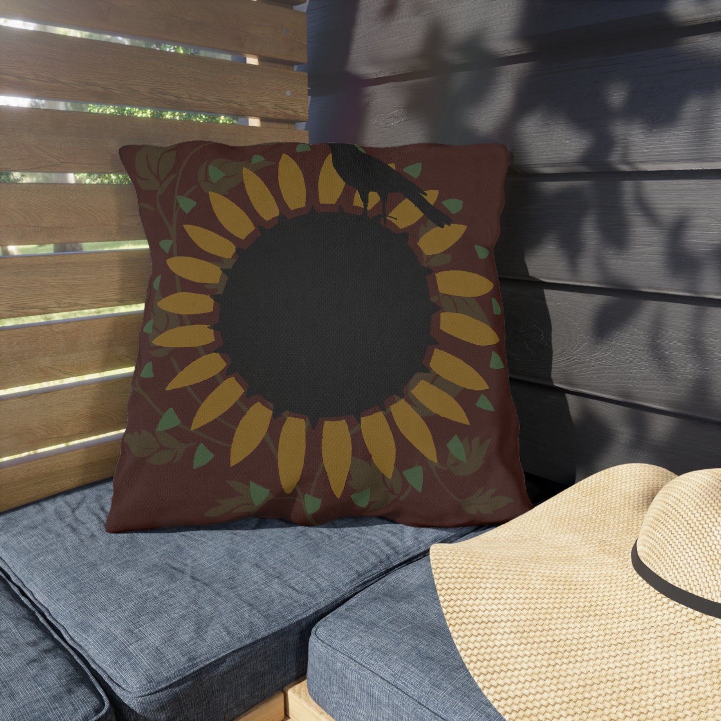 Crow on the Sunflower Red Background Outdoor Pillows