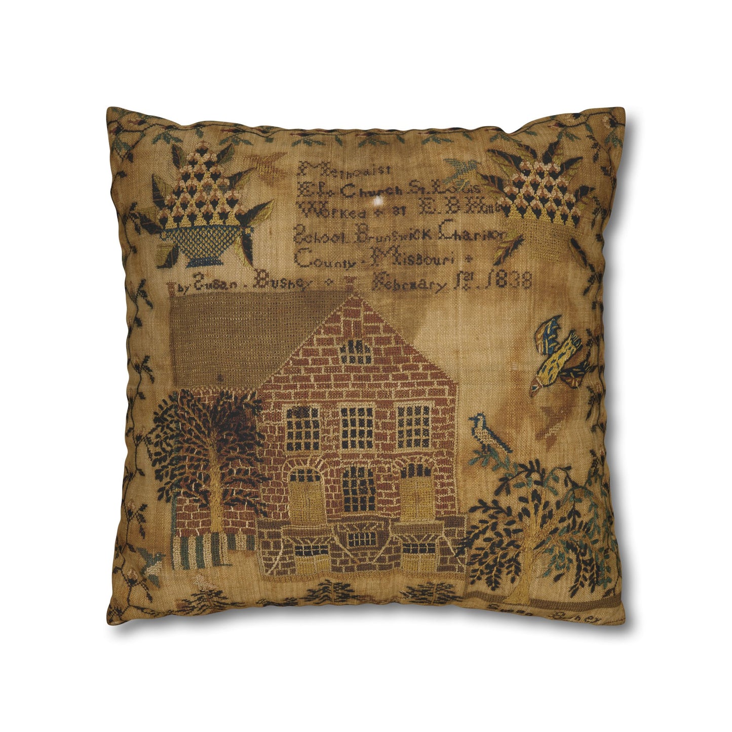 Gritty Prim Sampler Square Poly Canvas Pillowcase