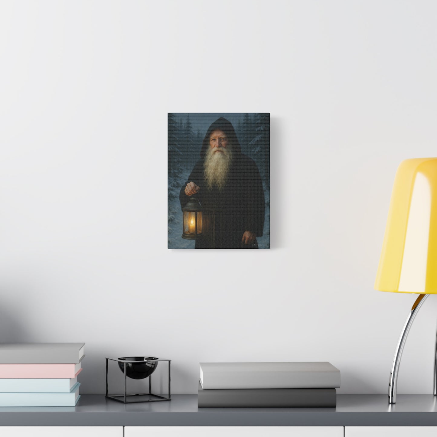 Old World Santa with Lantern Canvas Print, Wall Art, Home Decor, Cabin Vibes, Gift for Him, Rustic Wall Decor, Nature Lover's Gift
