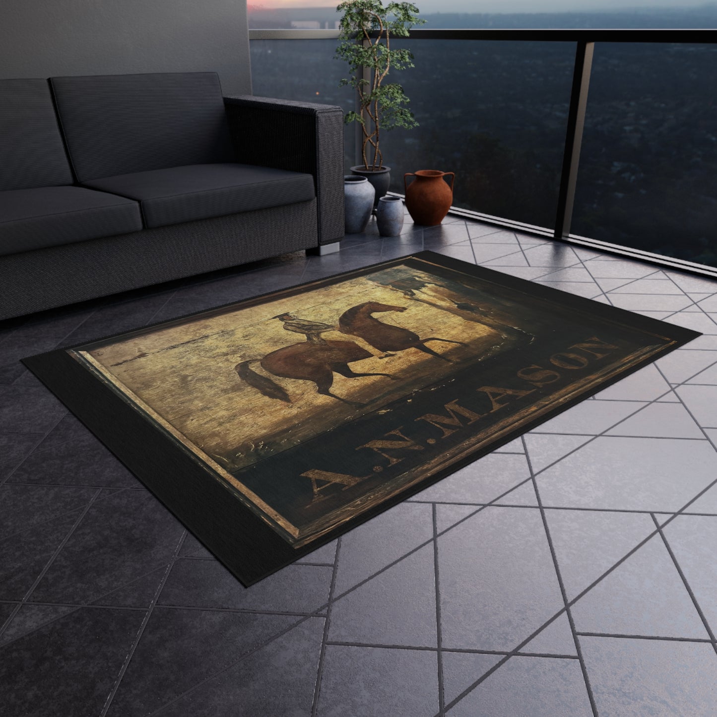 Rustic Decorative Outdoor Rug - Equestrian Theme - Vintage Horse Design