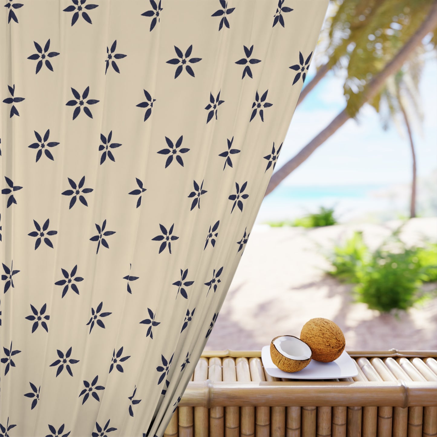 Navy on Cream Window Curtains (1 Piece)