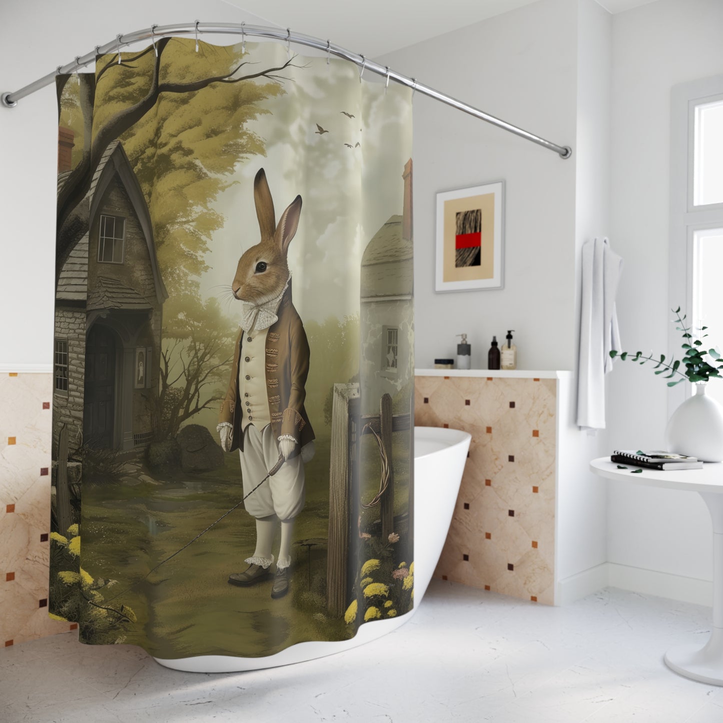 The Village Bunny: Whimsical Rabbit Shower Curtain – Enchanted Home Decor for Uniquely Styled Bathrooms
