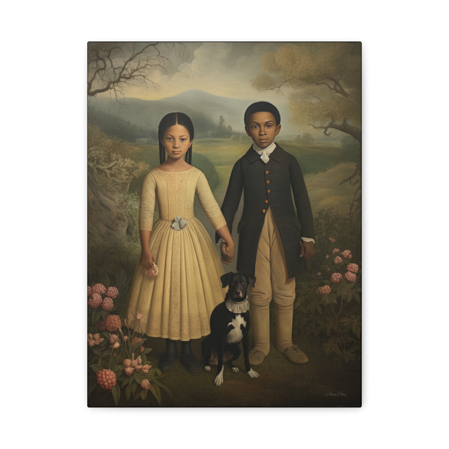 The Twins: Artistic Stretched Canvas Print - Vintage Children and Dog Portrait