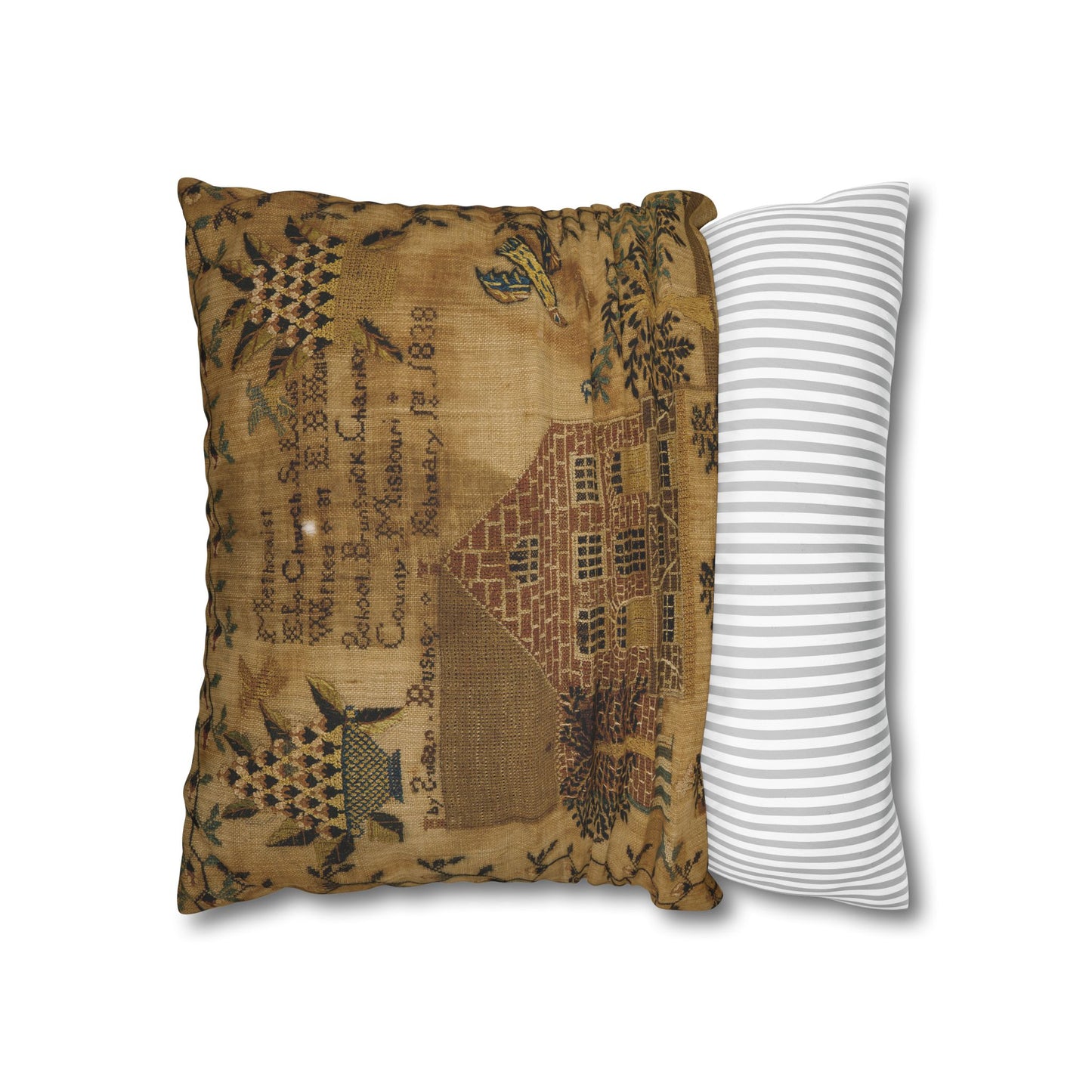 Vintage-Inspired Square Poly Canvas Pillowcase - Rustic Home Decor with Historic Schoolhouse Design