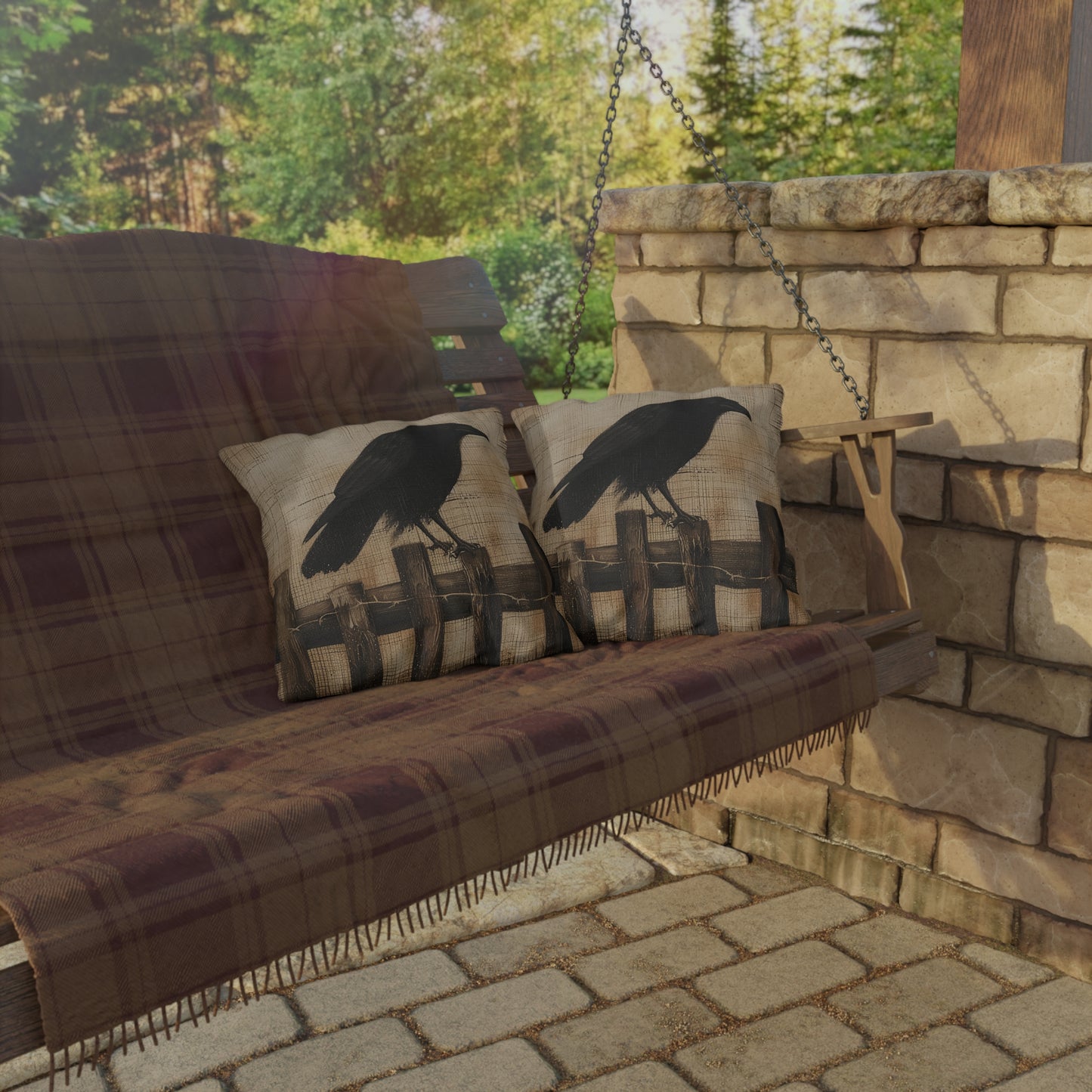 Black Crow on a Fence Outdoor Pillows