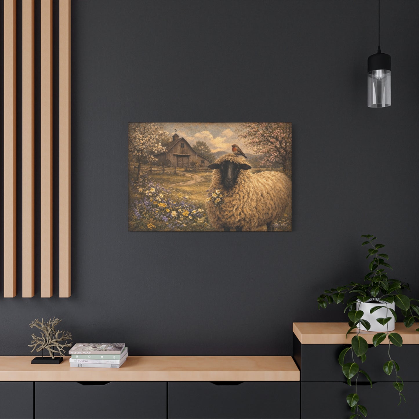 Sheep in Spring Matte Canvas Wall Art — Rustic Barn & Robin Farmhouse Decor