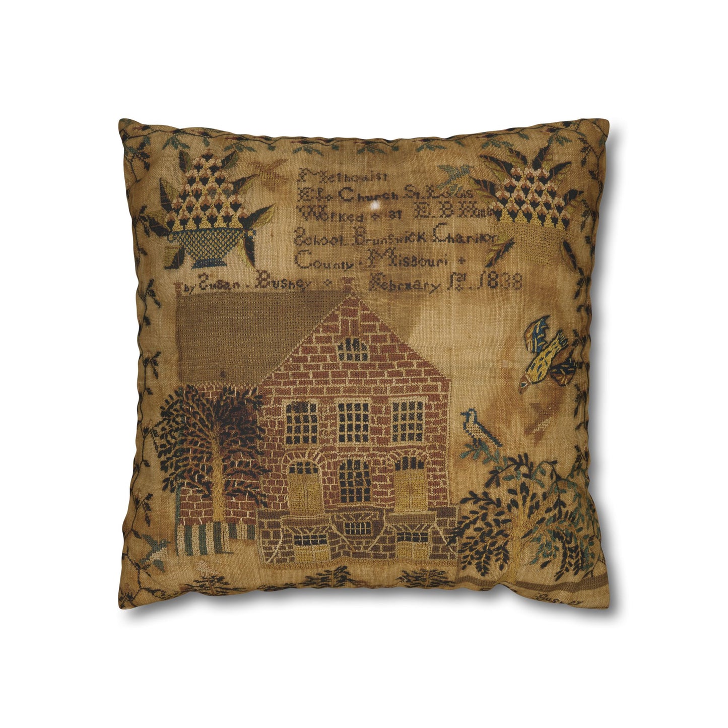 Vintage-Inspired Square Poly Canvas Pillowcase - Rustic Home Decor with Historic Schoolhouse Design