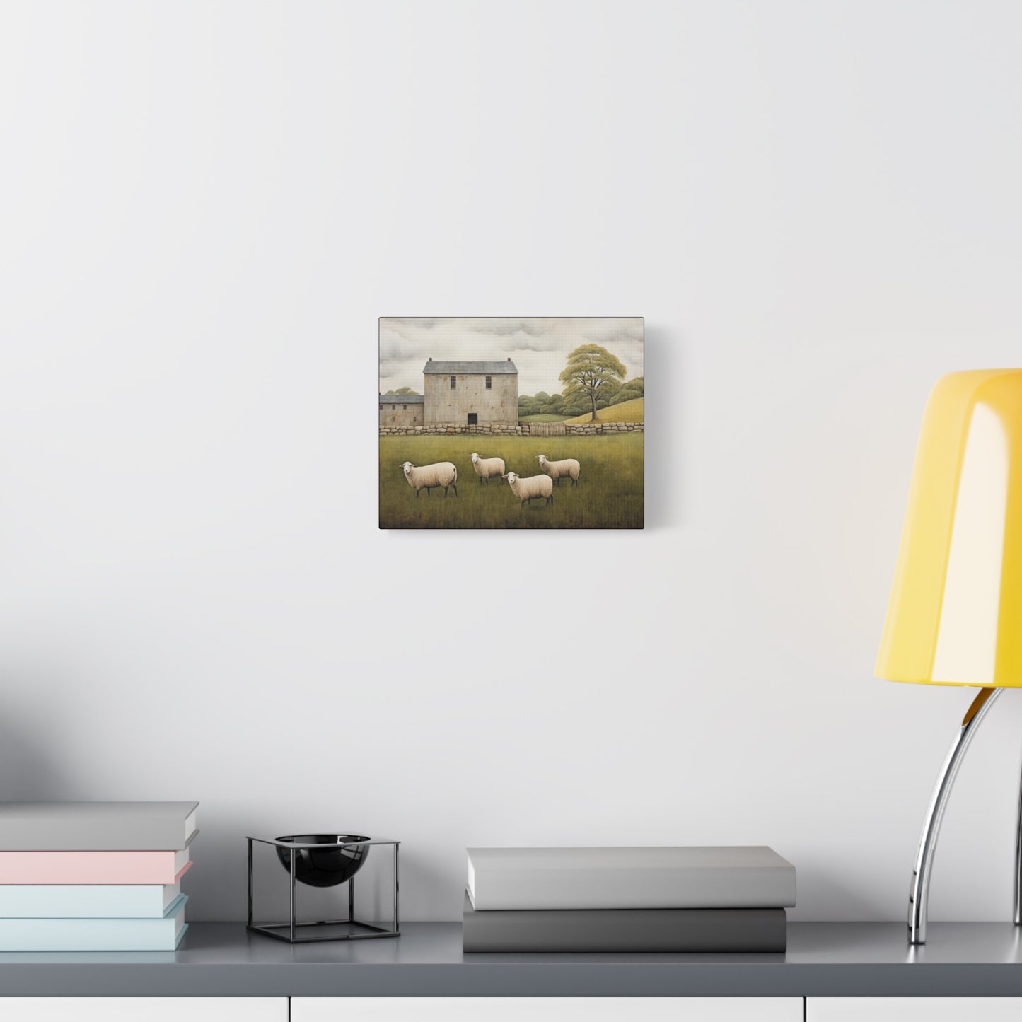 Rustic Farmhouse Canvas Wall Art with Sheep Landscape