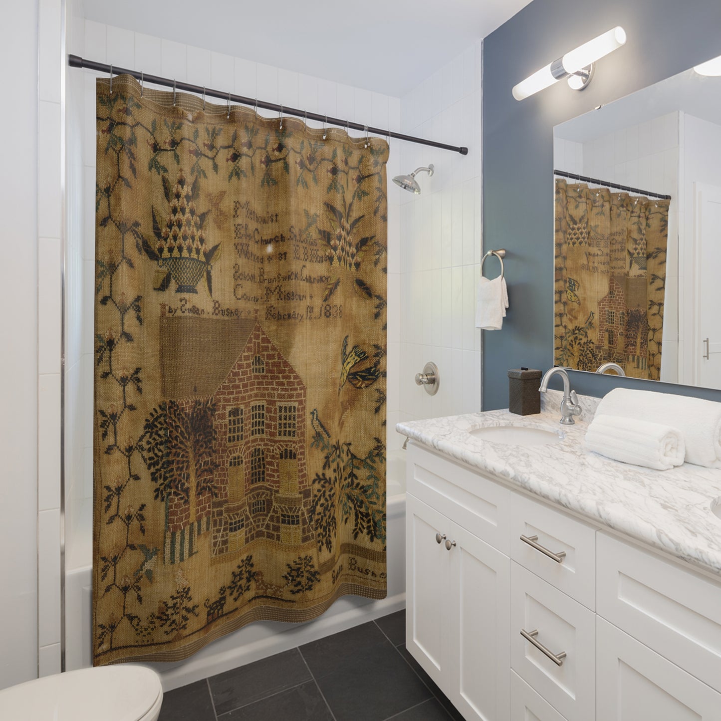 Vintage-Inspired Shower Curtain with Folk Art Design
