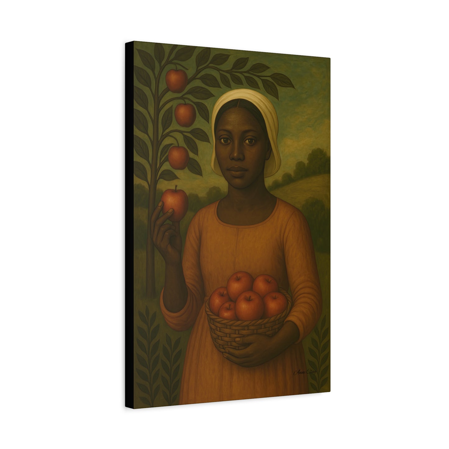 Autumn Harvest Primitive Folk Portrait of a Woman with Apples