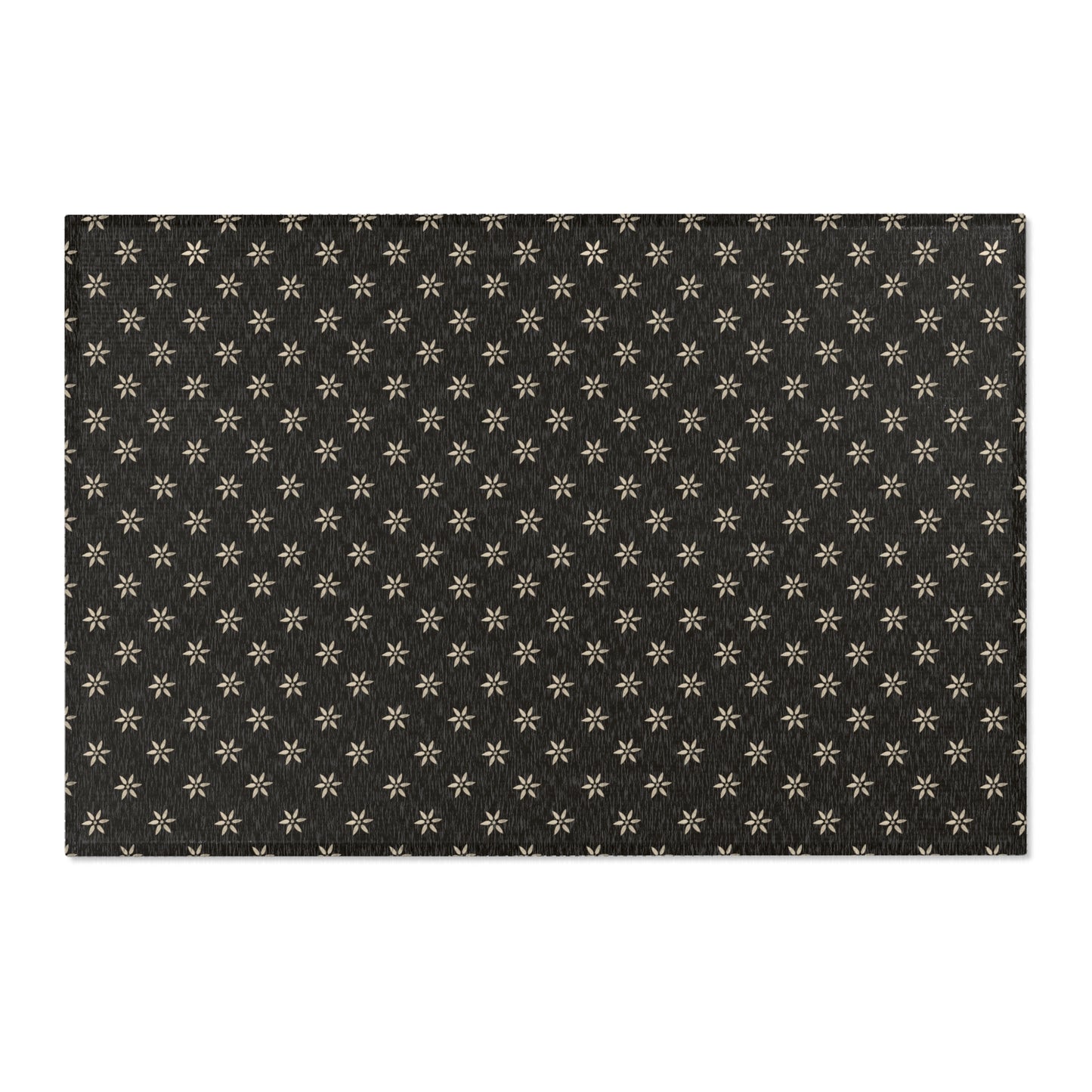 Cream Petal Stencil on Black Stylish Floral Area Rug, Boho Home Decor, Modern Living Room Accent, Vintage Area Mat,