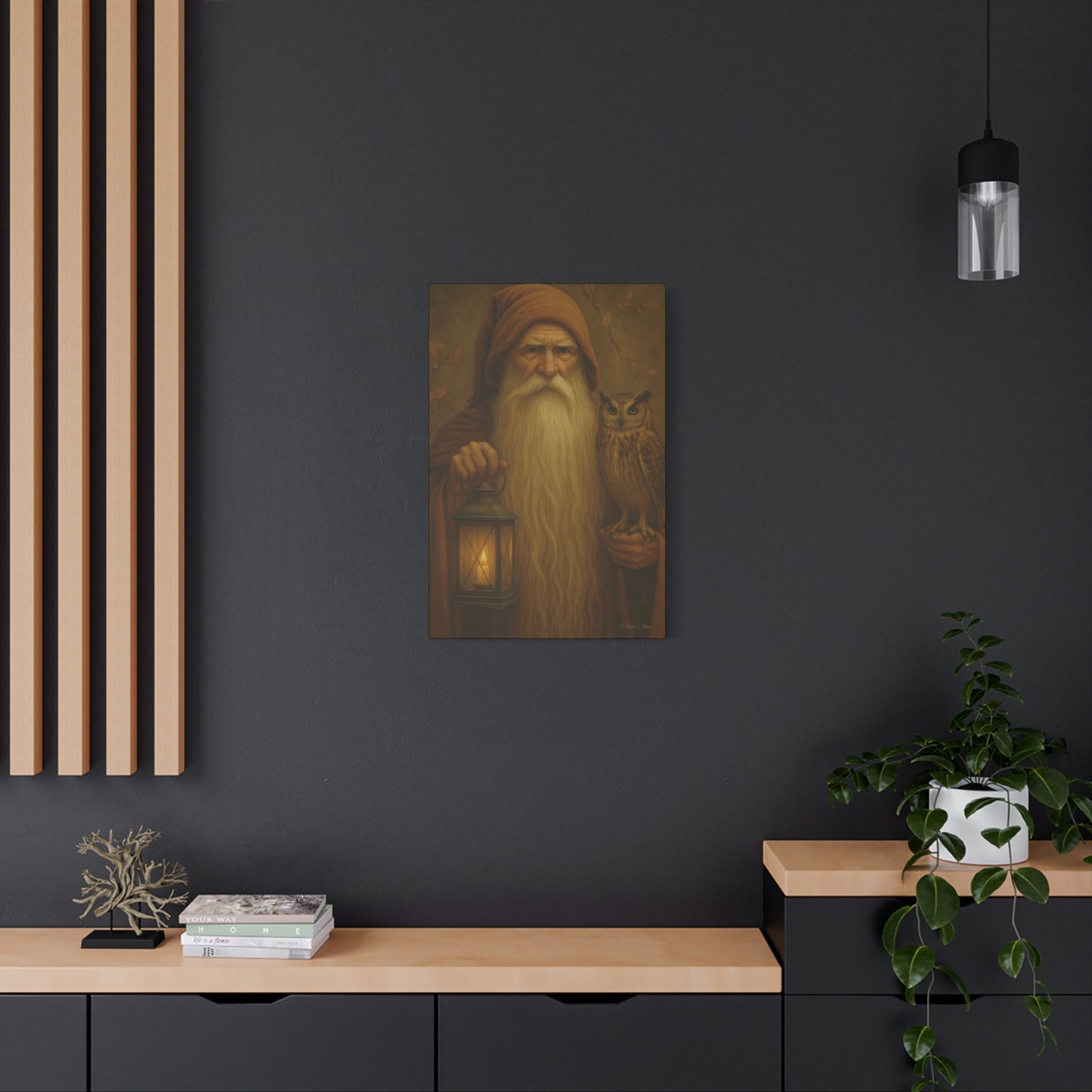 Mystical Canvas Wall Art, Nature Decor, Wizard Artwork, Rustic Home Decor, Owl and Lantern Painting