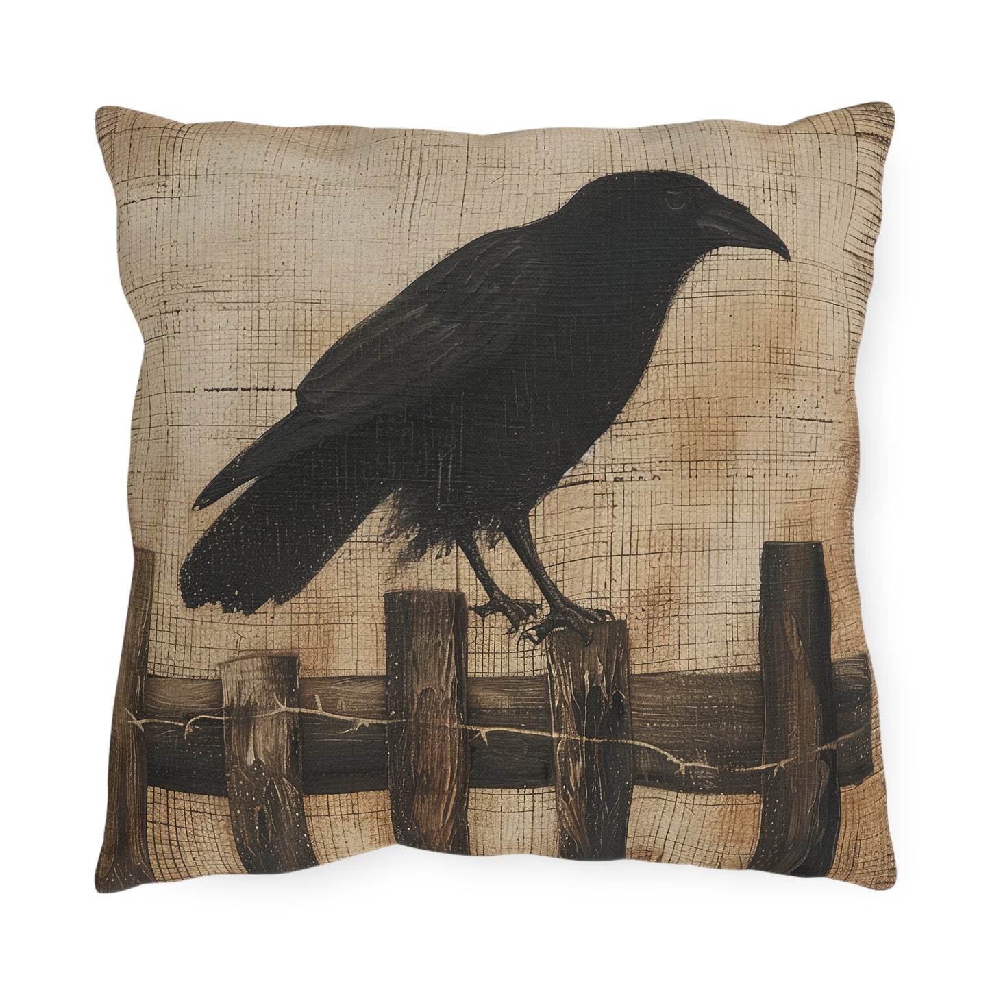 Black Crow on a Fence Outdoor Pillows