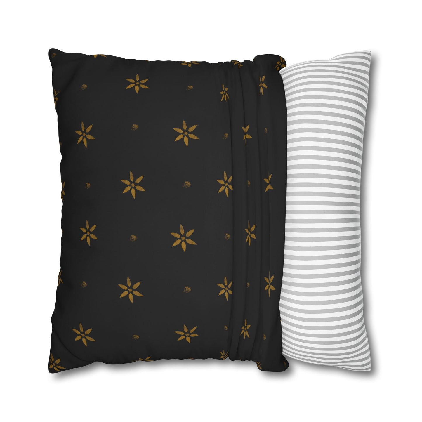 Stencilled Mustard Petals on Black Square Poly Canvas Pillowcase