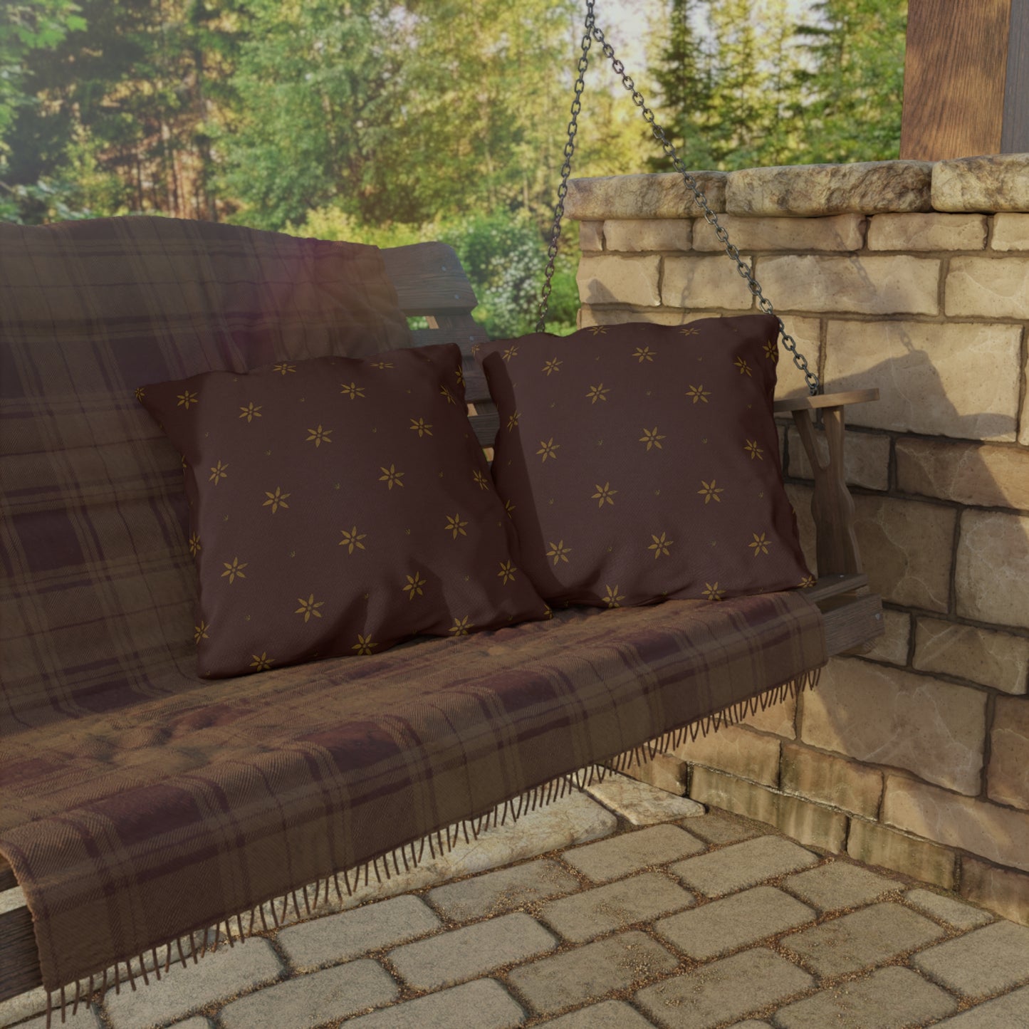 Mustard Petals on Red Early American Stencil Outdoor Pillows