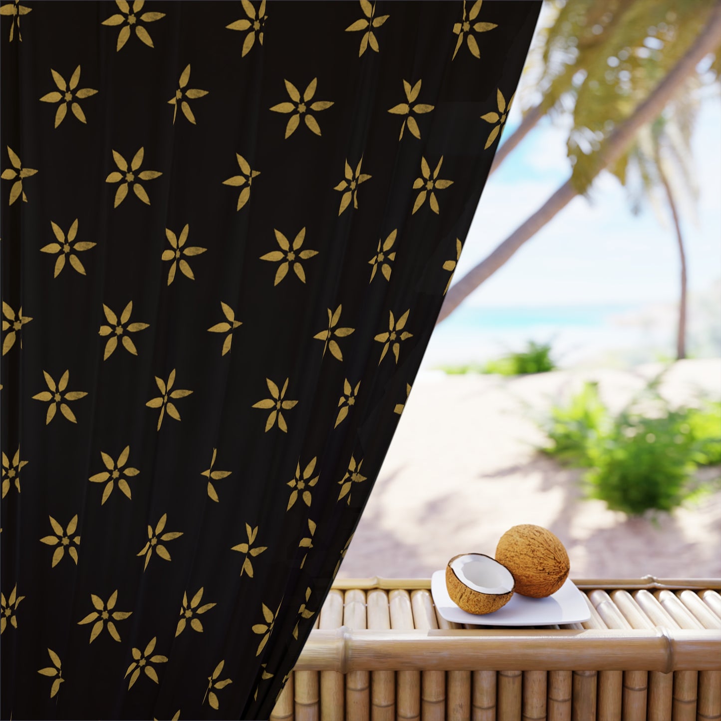 Mustard Yellow Gold on Black Elegant Star Pattern Window Curtains | Black & Gold Design