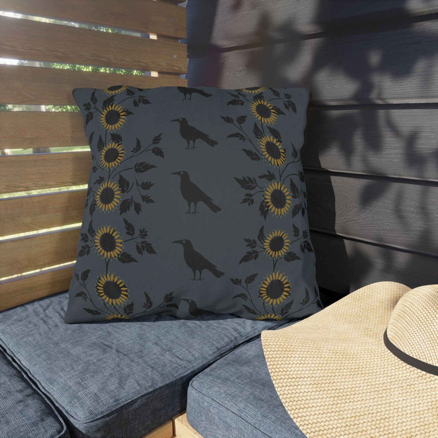 Sunflowers and Crows on Blue Outdoor Pillows