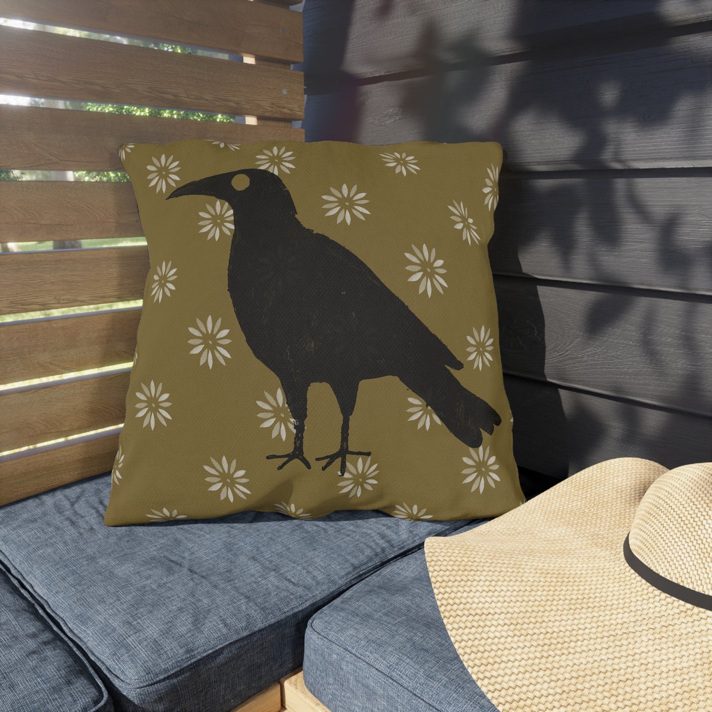 Crow on Petal Stencil Outdoor Pillows