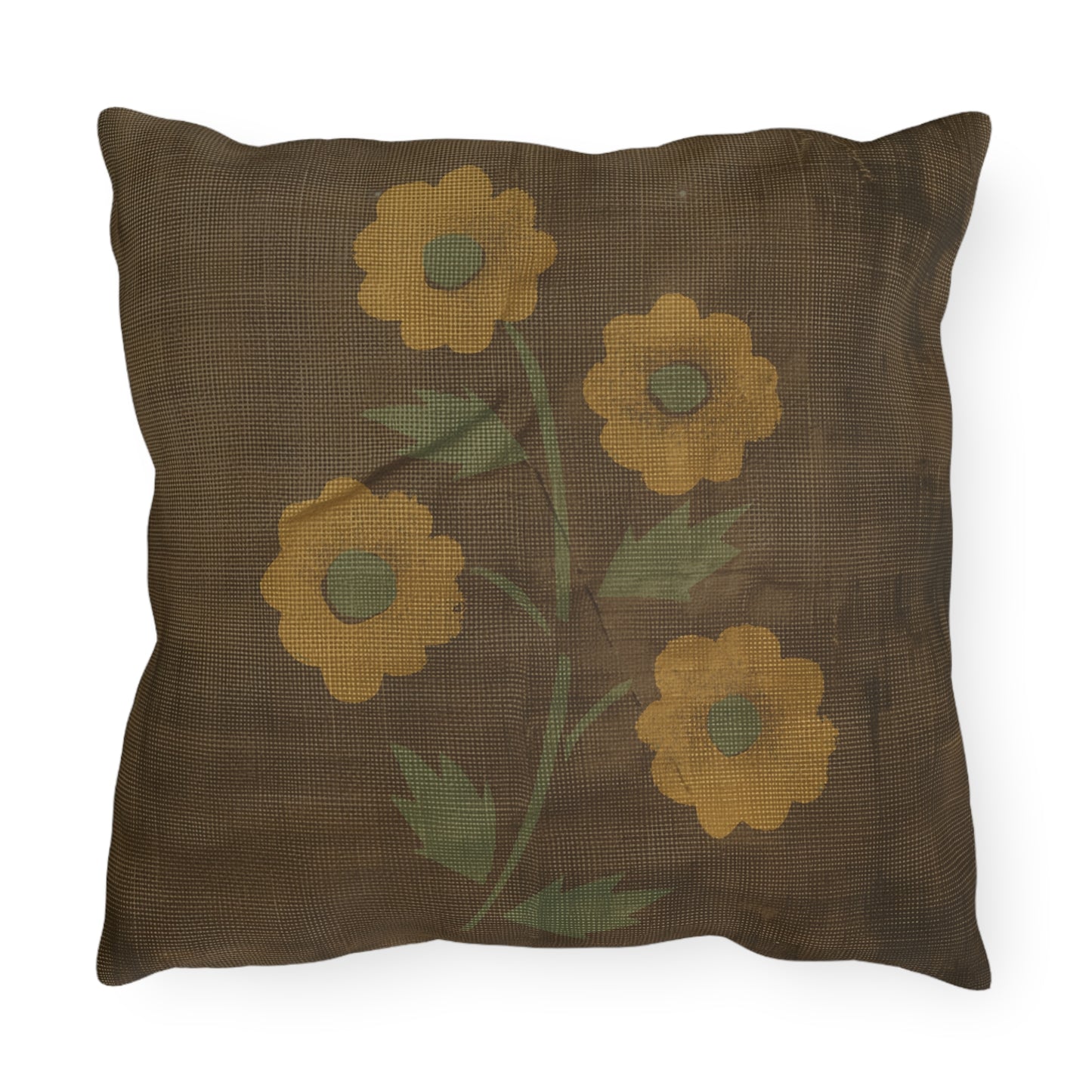 Primitive Distressed Stencil Flower on Brown Outdoor Pillows