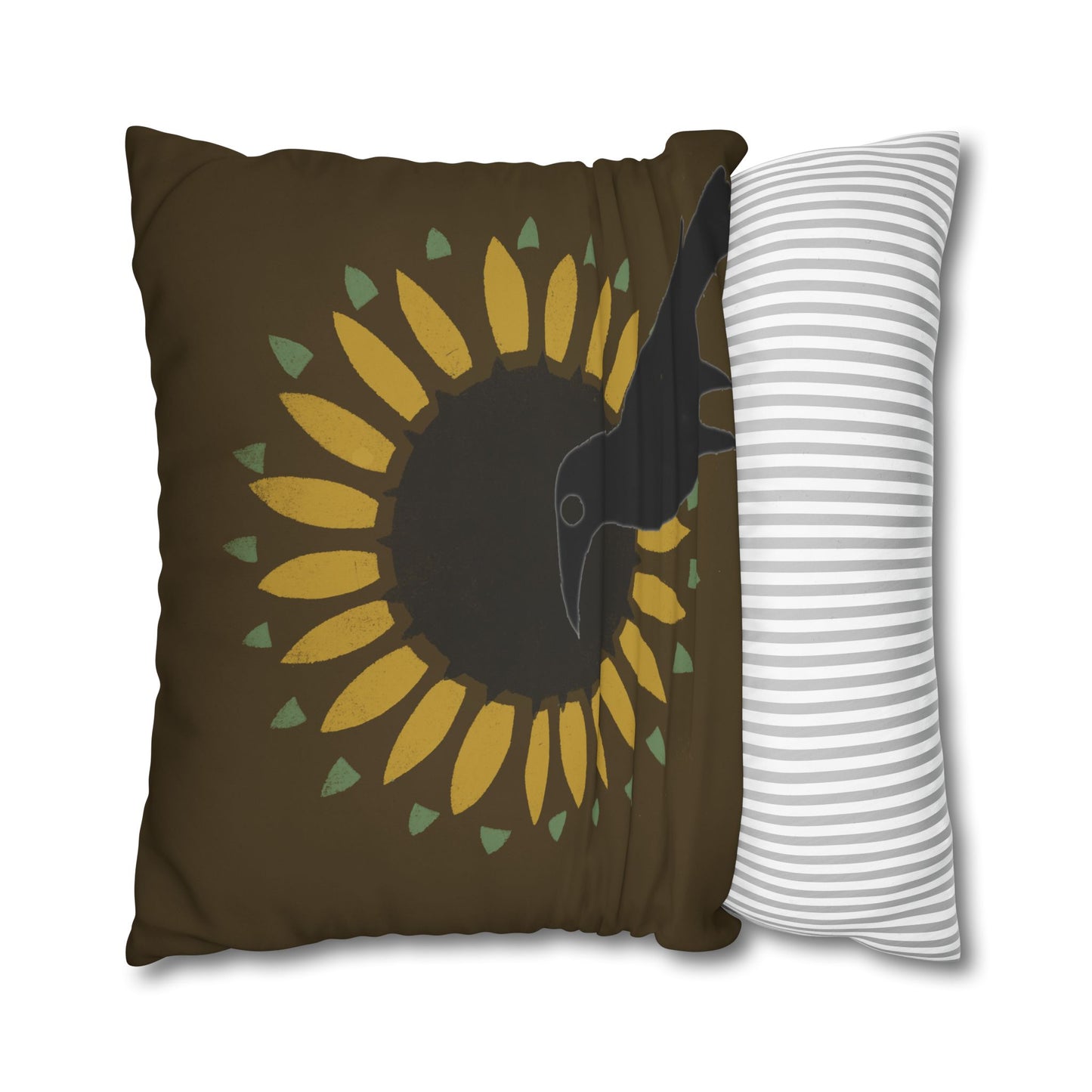 Sunflower and Crow on Brown/Green Square Poly Canvas Pillowcase