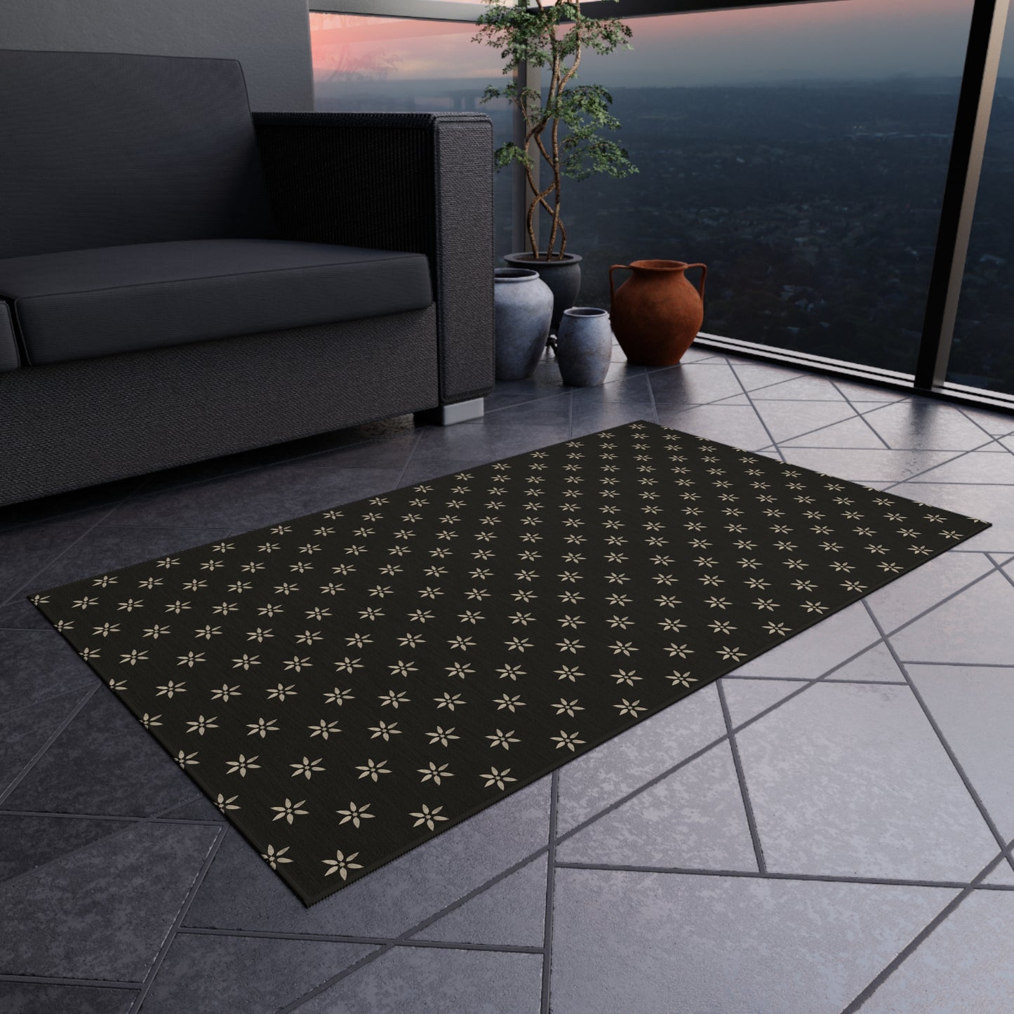 Cream Stencil Flowers on Black Outdoor Rug
