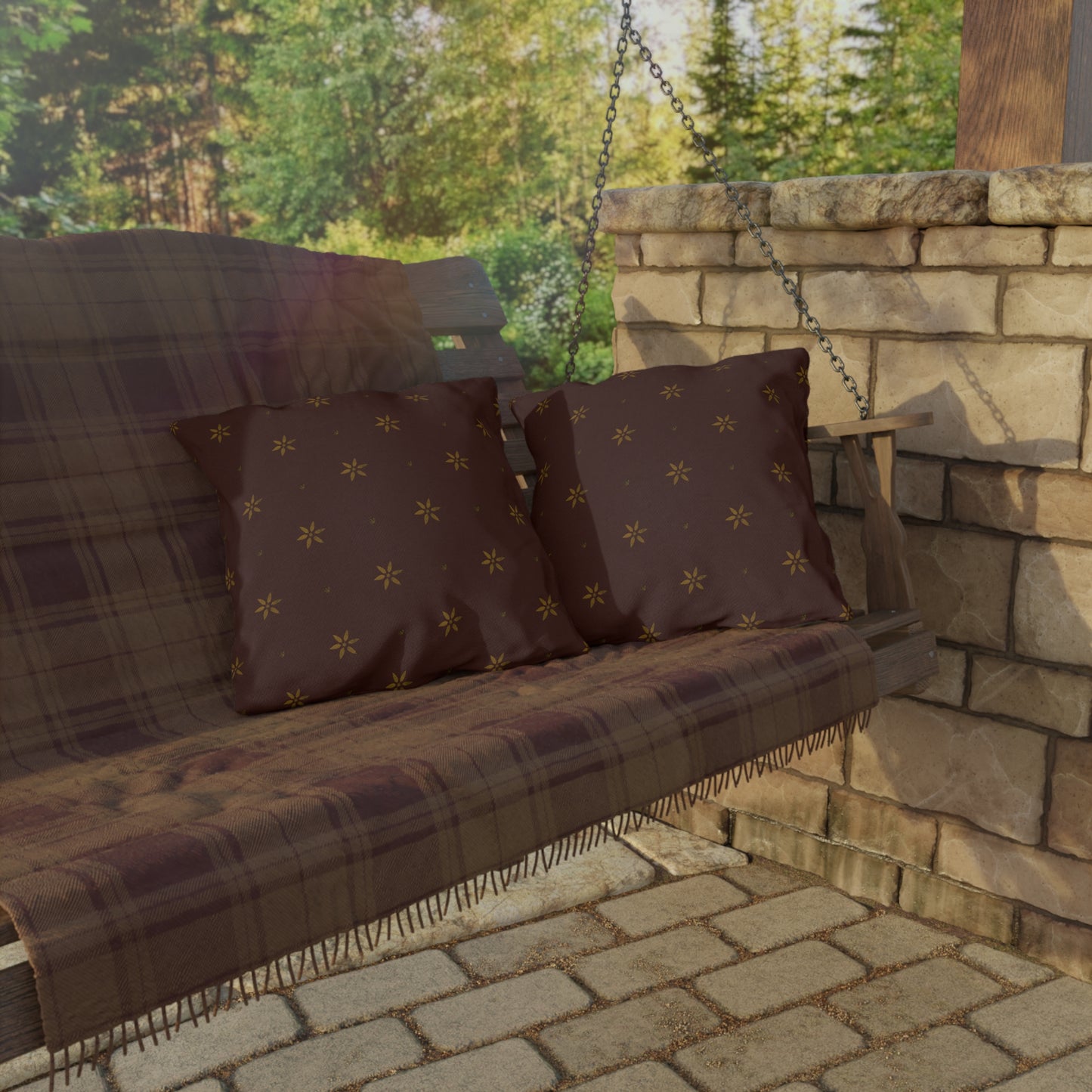 Mustard Petals on Red Early American Stencil Outdoor Pillows