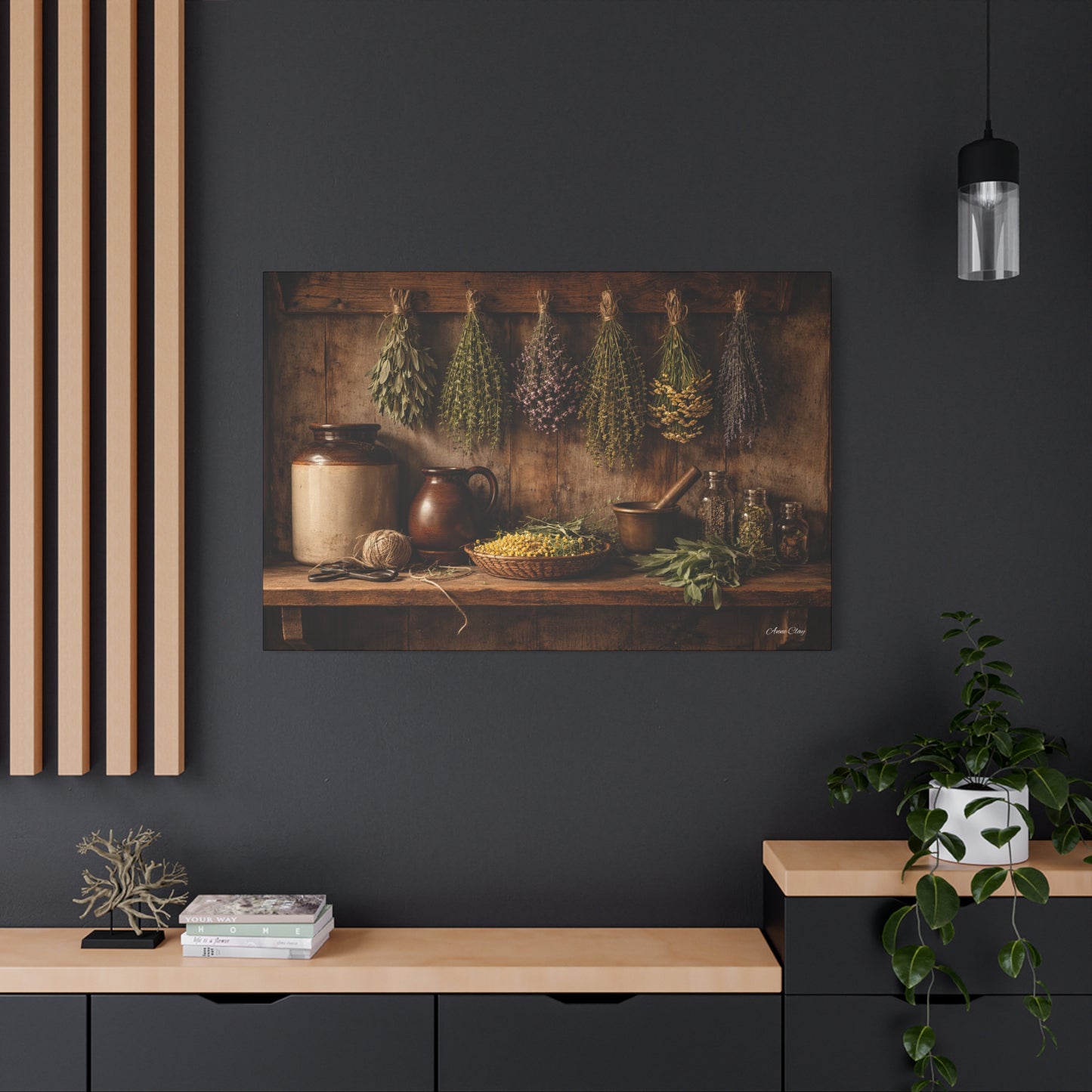Domestic Rustic Herbal Kitchen Canvas Wall Art — Dried Herbs Still Life Matte Stretched Print