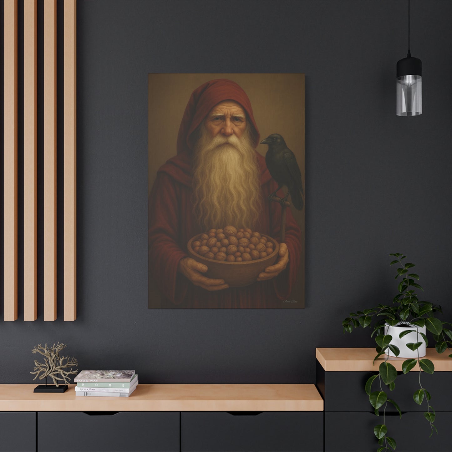 Canvas Wall Art, Old World Santa with Crow and nuts, Home Decor, Gift for Nature Lovers, Primitive Art