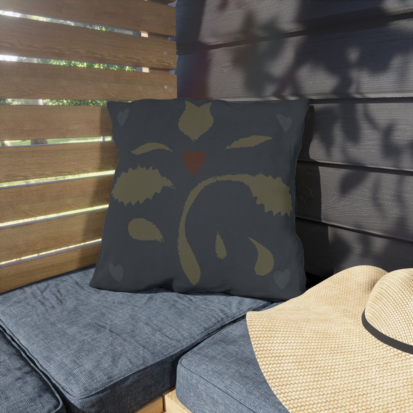 Leaves and Hearts on Blue Early American Stencil Outdoor Pillows
