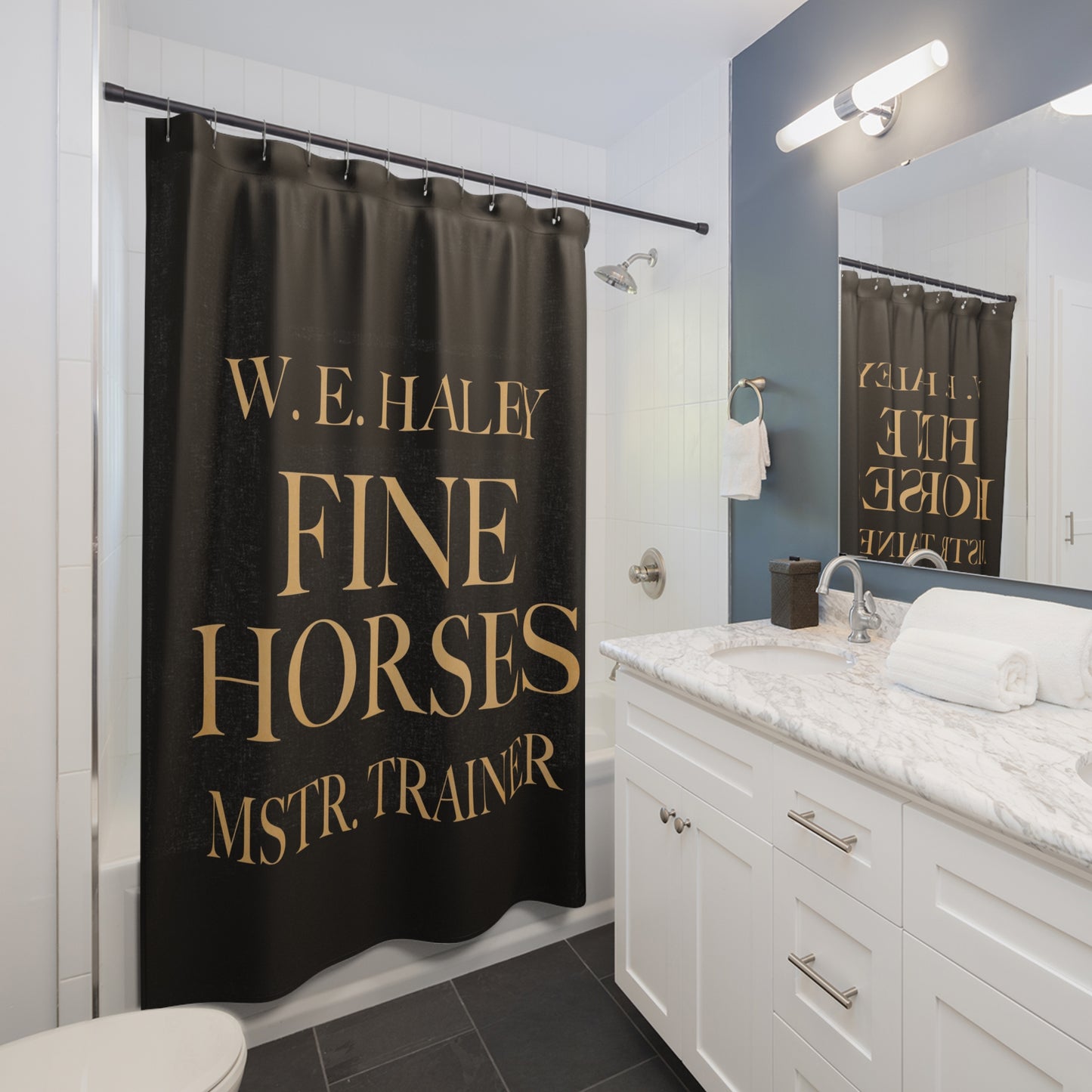 Black and Gold Elegant Horse Trainer Shower Curtain - W.E. Haley Fine Horses Decor