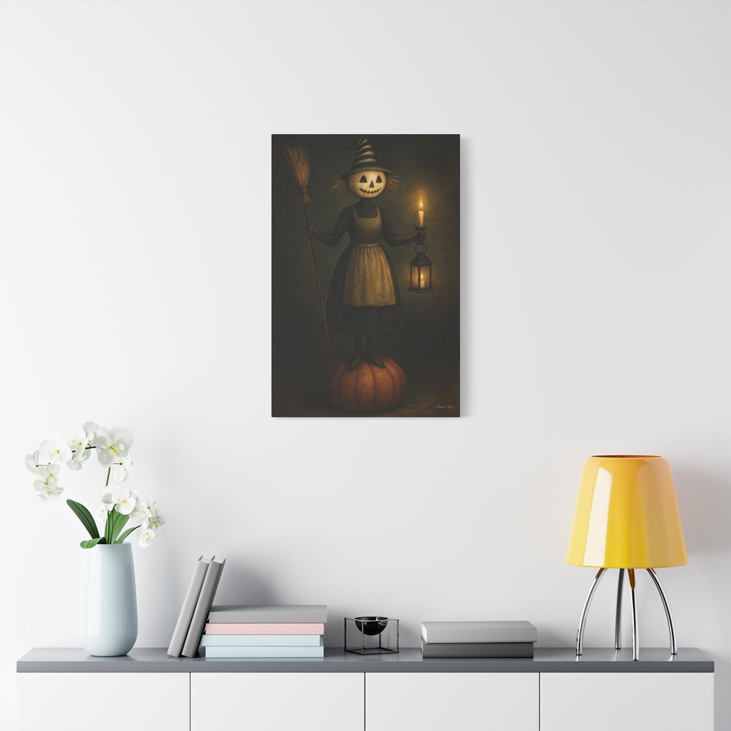Halloween Witch Canvas Art Print, Spooky Home Decor, Pumpkin Lantern Wall Art, Fall Decoration, Halloween Gift