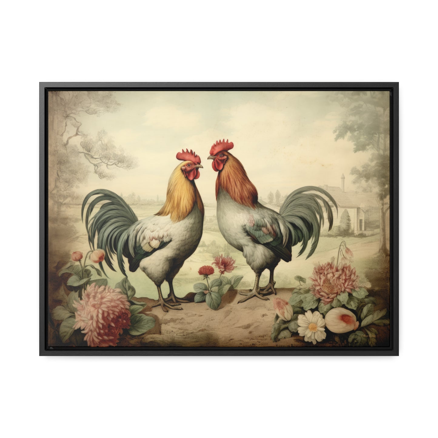 Framed Pastel Roosters Gallery Canvas Wraps, Horizontal Frame