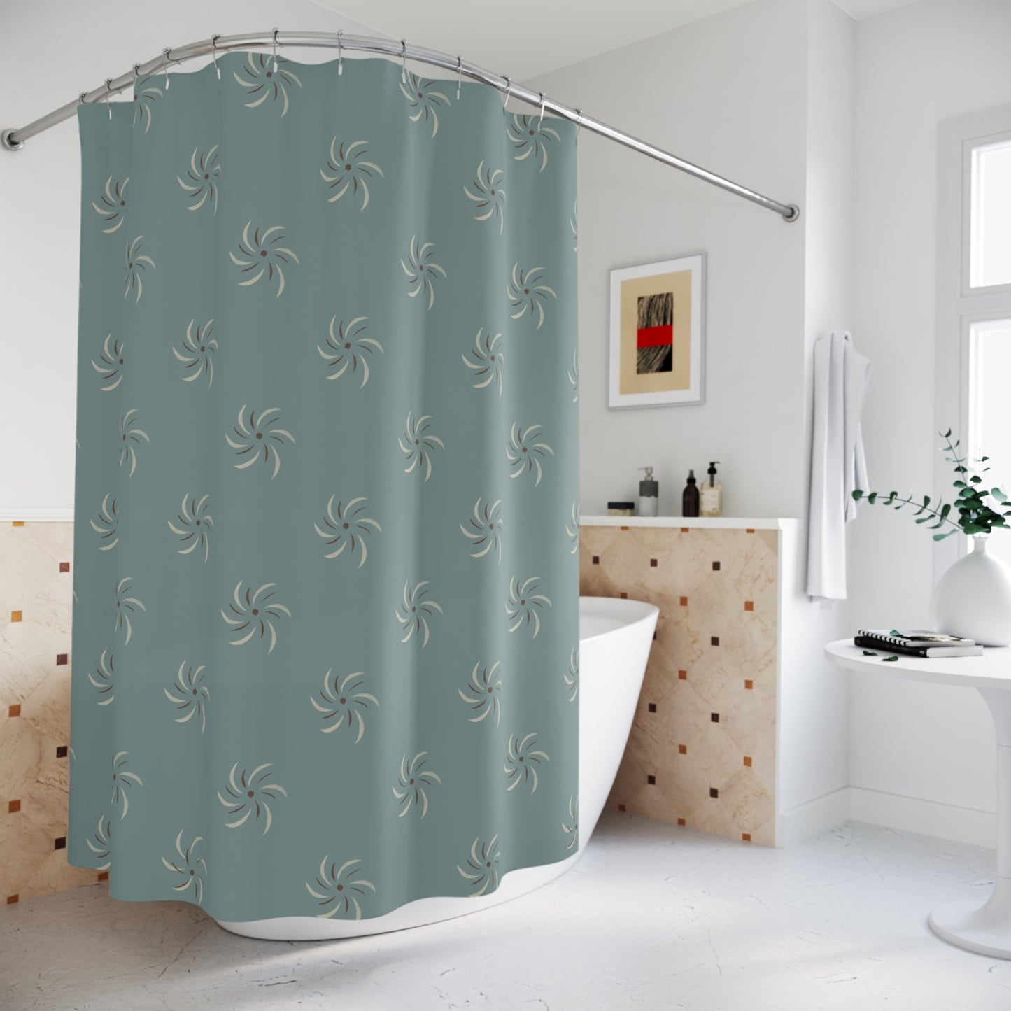 Cream and Rust Pinwheel Stencil on Ocean Shower Curtains