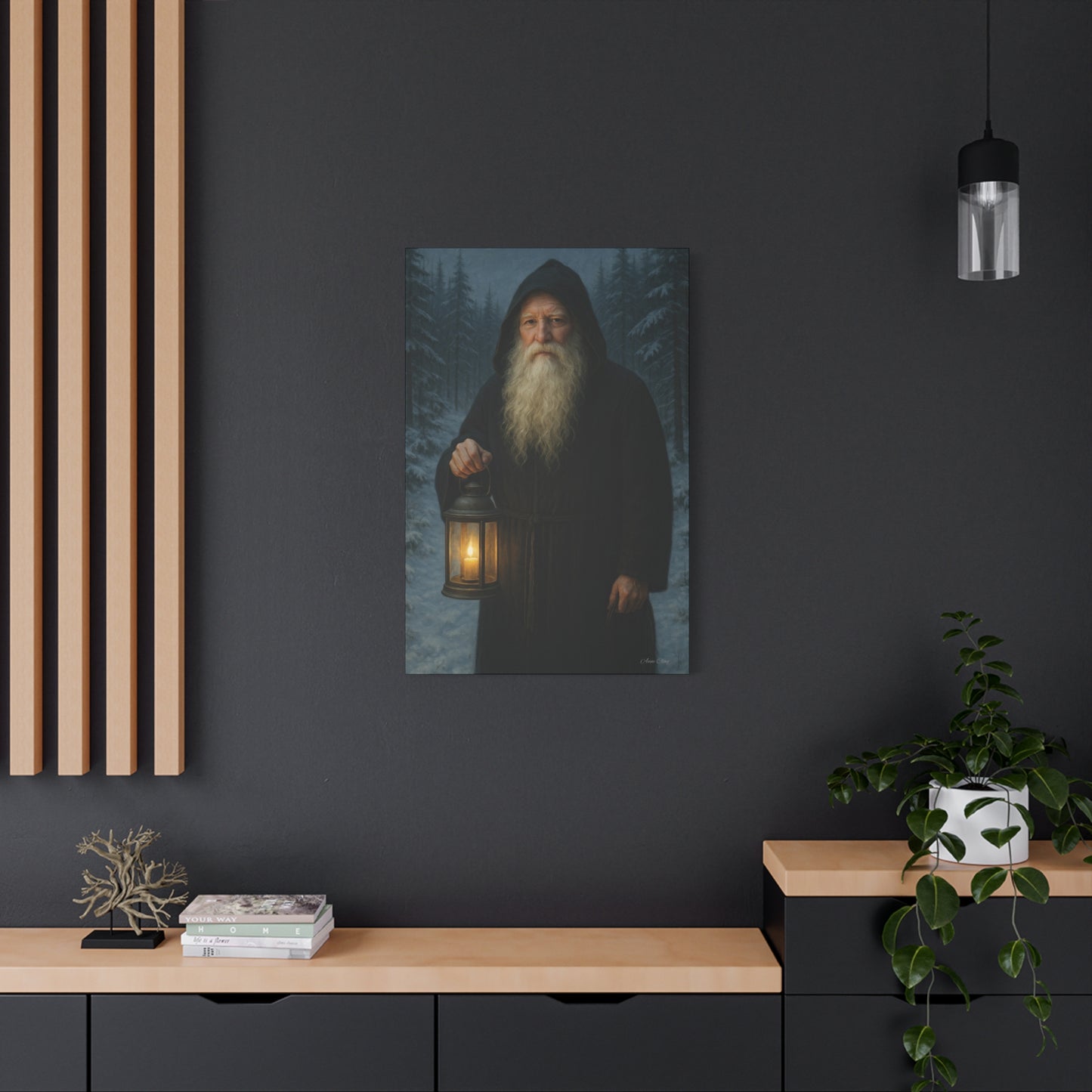Old World Santa with Lantern Canvas Print, Wall Art, Home Decor, Cabin Vibes, Gift for Him, Rustic Wall Decor, Nature Lover's Gift