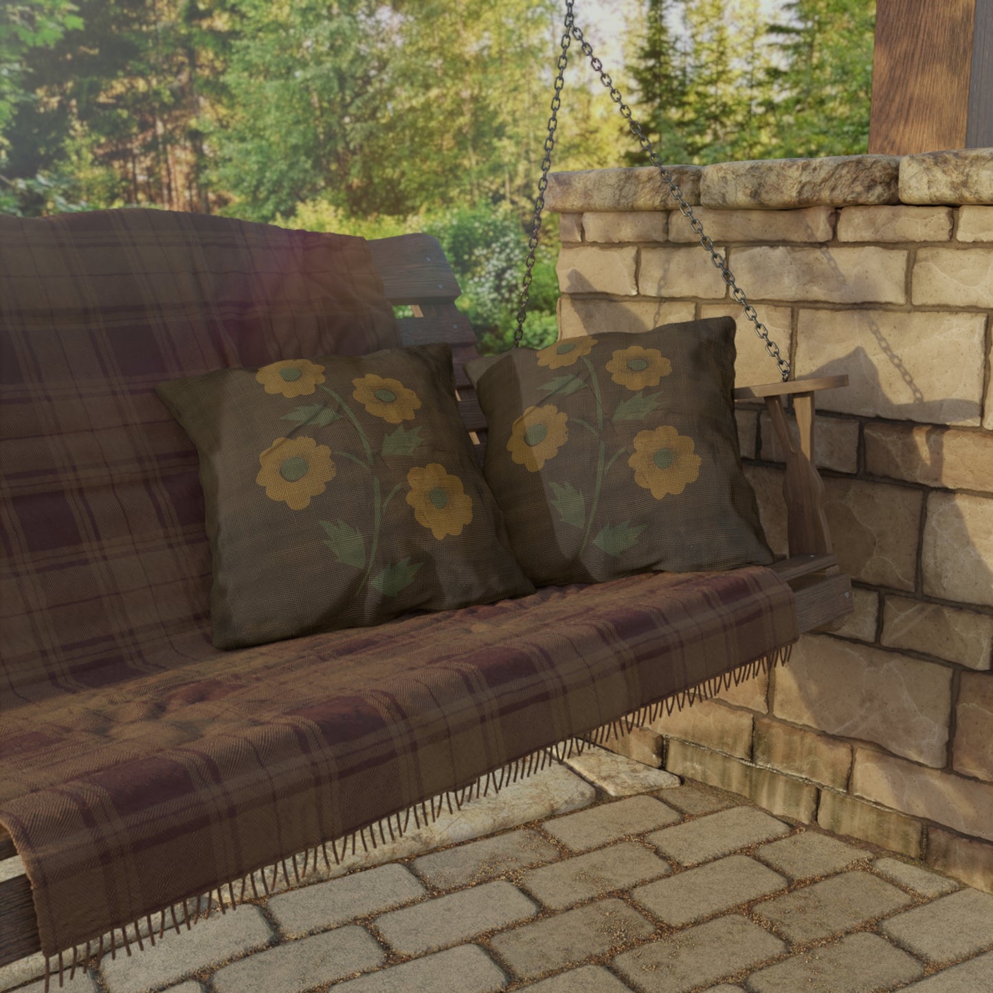 Primitive Distressed Stencil Flower on Brown Outdoor Pillows