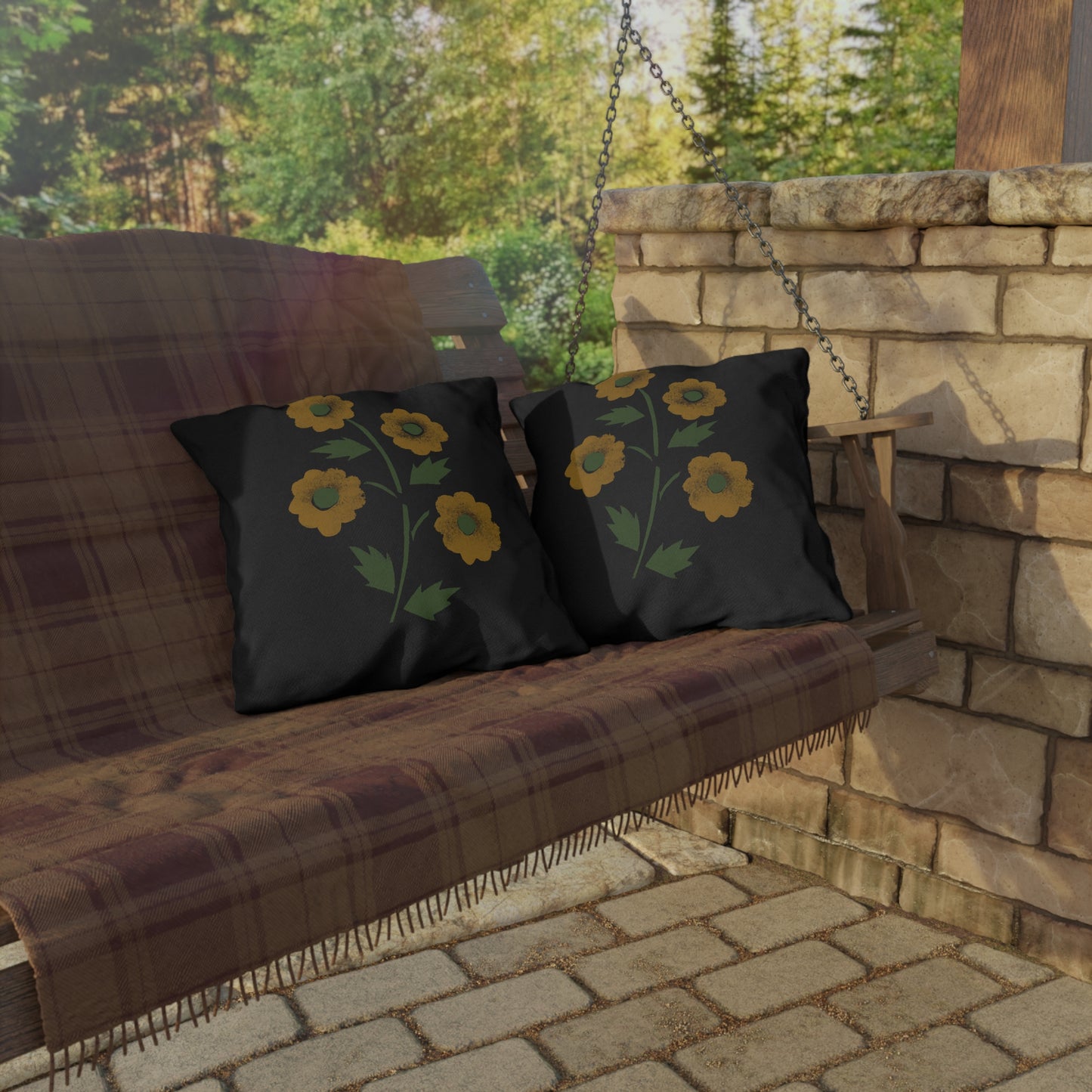 Stencil Flowers on Black Outdoor Pillows