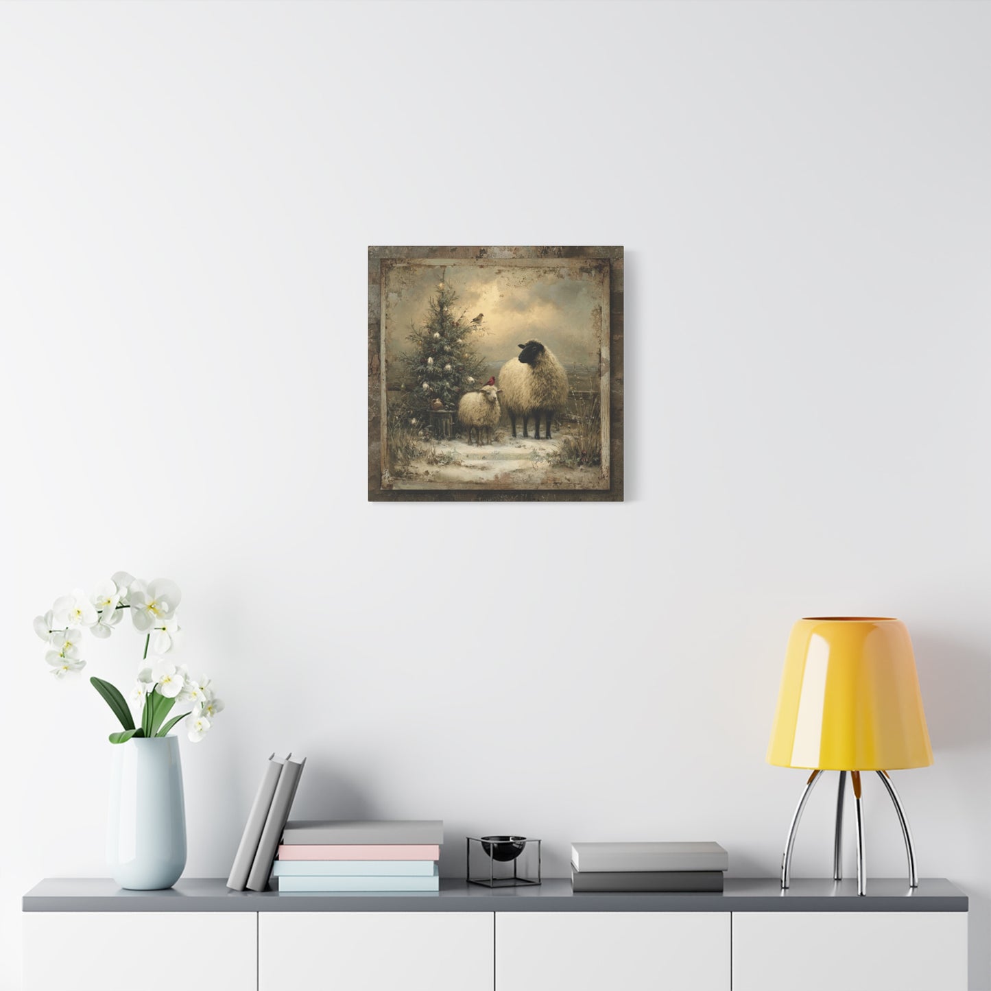 Rustic Sheep Art Canvas Print, Farmhouse Decor, Holiday Wall Art, Cozy Home Vibe, Christmas Sheep Painting, Farmhouse Wall Art