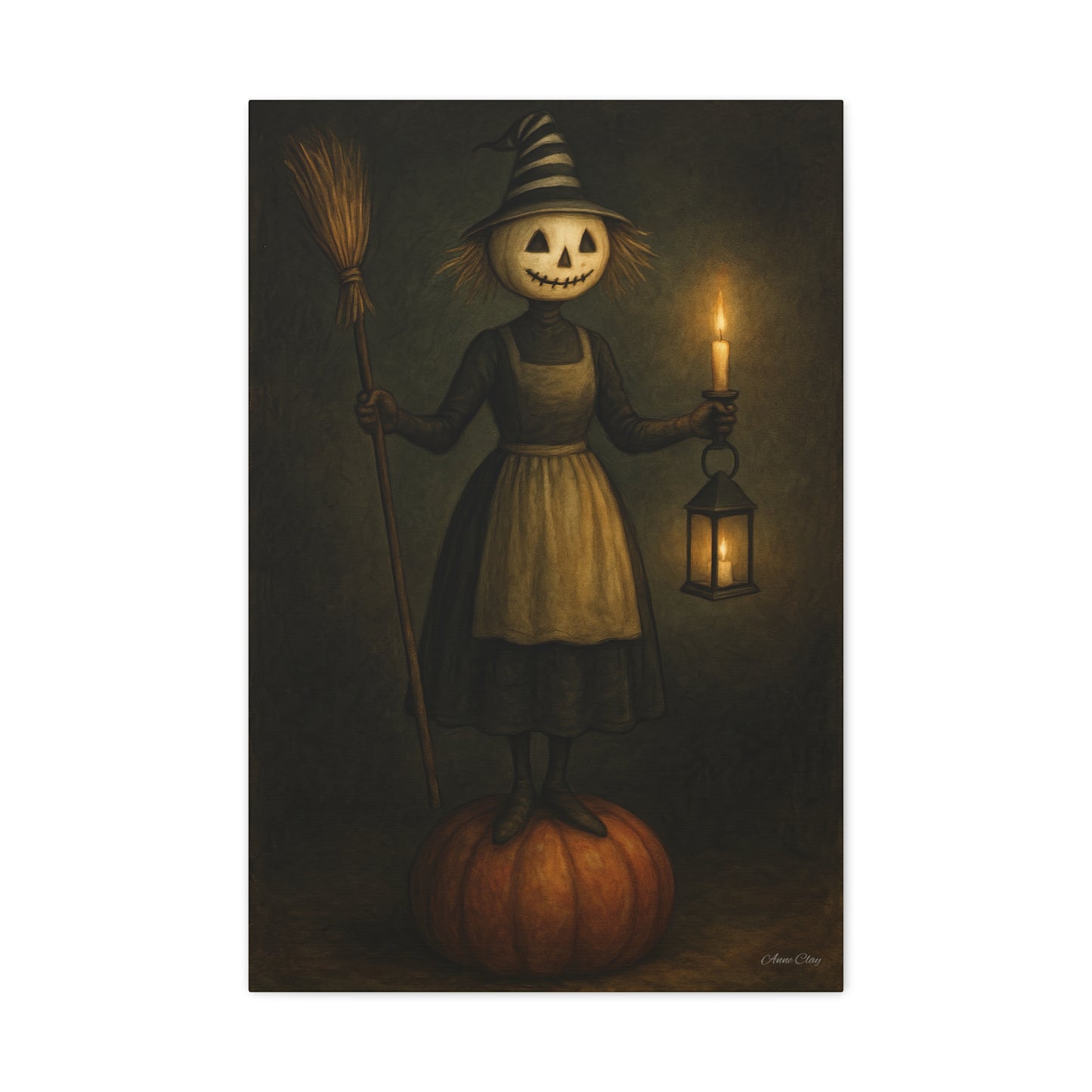 Halloween Witch Canvas Art Print, Spooky Home Decor, Pumpkin Lantern Wall Art, Fall Decoration, Halloween Gift