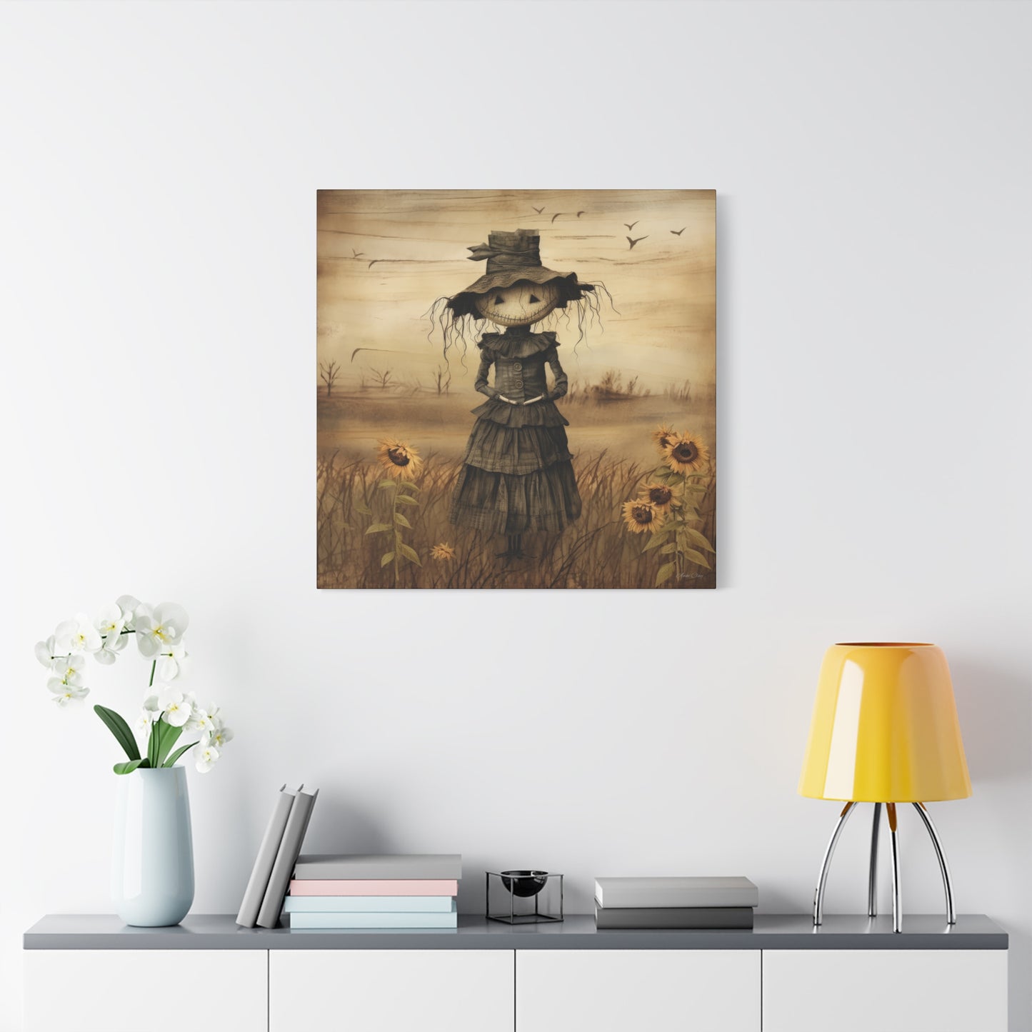 Halloween Scarecrow Canvas, Spooky Fall Decor, Autumn Wall Art, Trick or Treat Decoration, Scary Halloween Artwork, Pumpkin and Crow Design