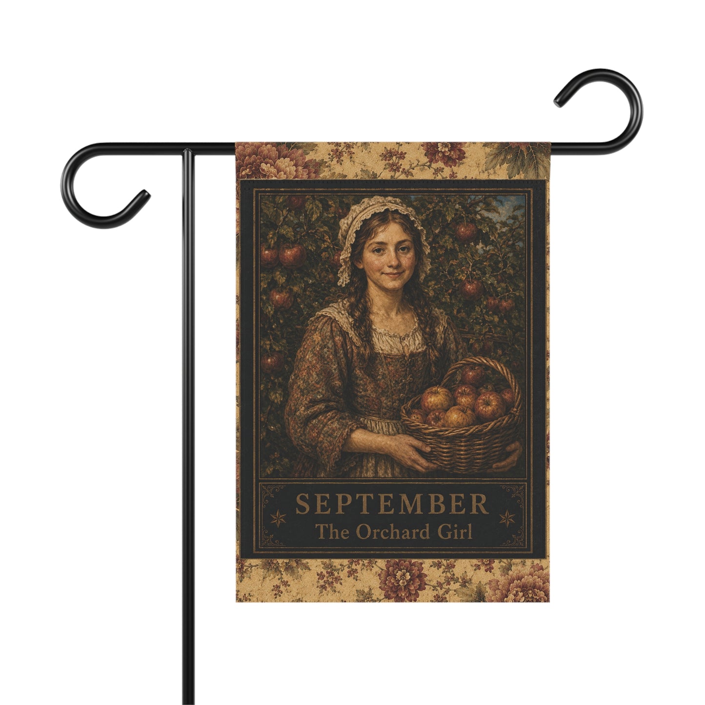 September Orchard Girl Garden Flag – Vintage Harvest House Banner