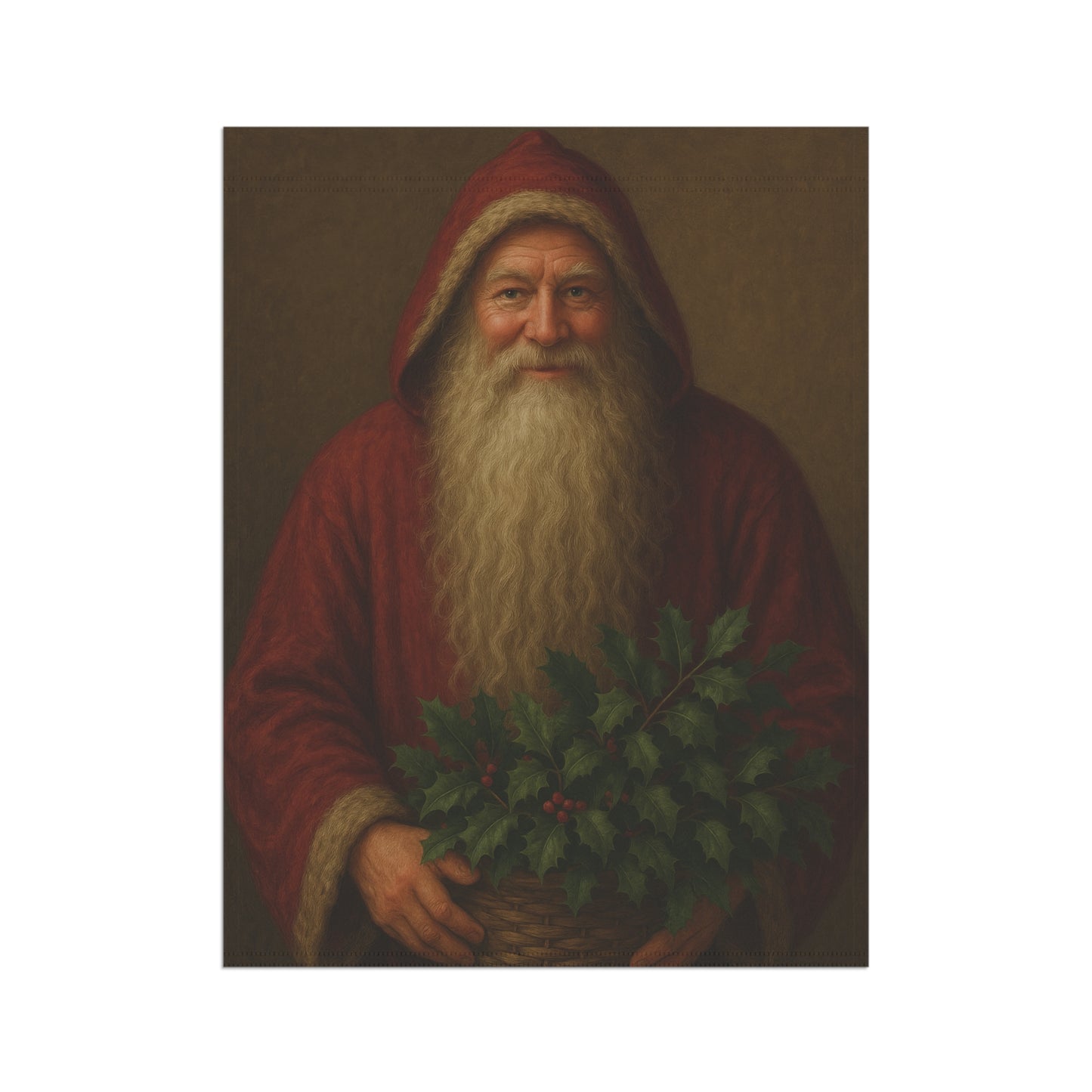 Vintage Santa Garden Flag – Classic Bearded Santa Holding Evergreen Basket