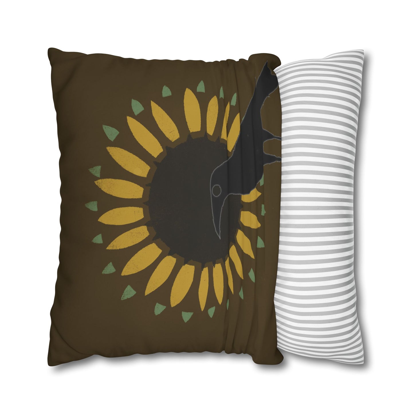 Sunflower and Crow on Brown/Green Square Poly Canvas Pillowcase